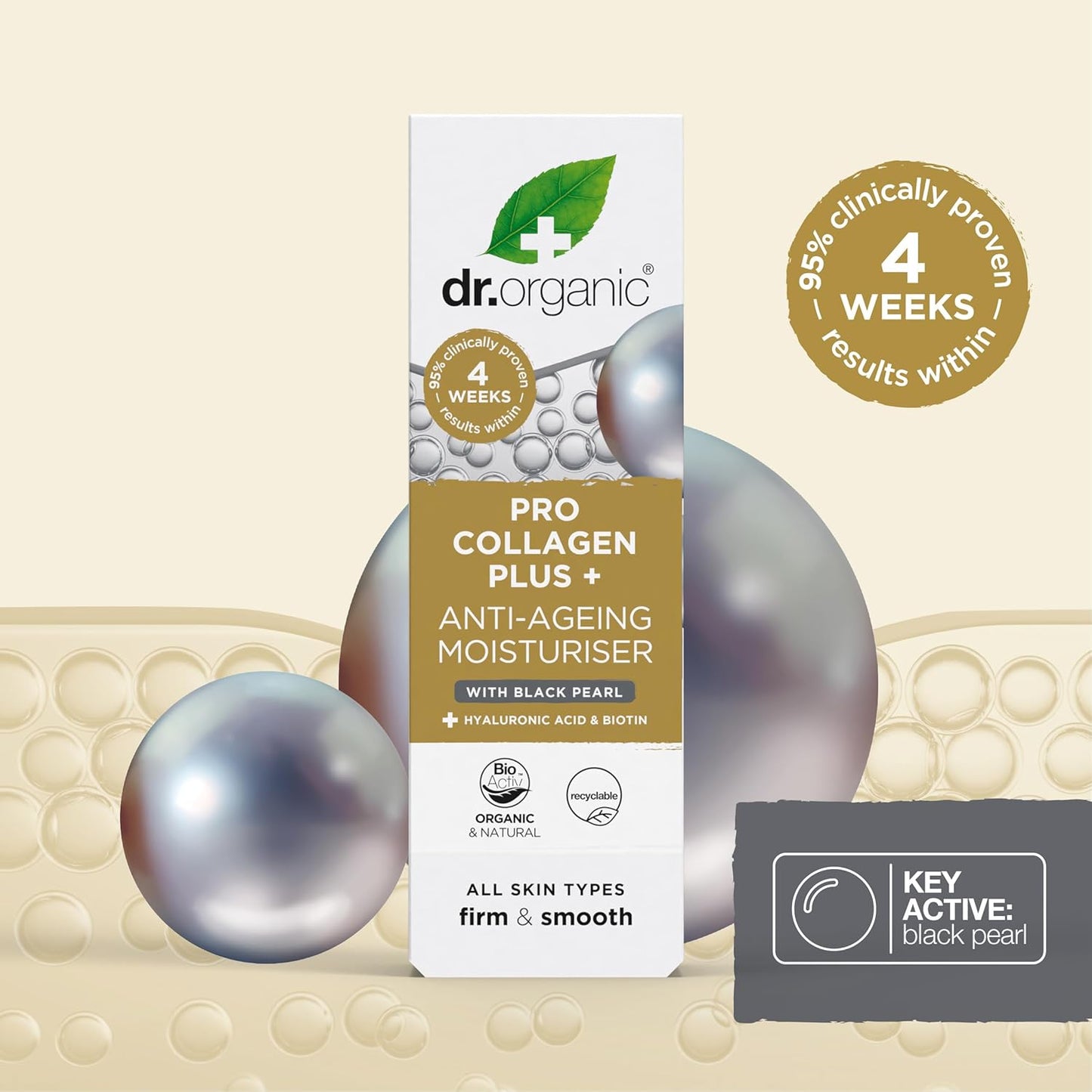 Dr. Organic Pro Collagen Plus + Anti-Ageing Moisturiser with Black Pearl | Firm & Smooth Skin, Reduces Wrinkles, (All Skin Types) Natural, Certified Organic, Paraben & SLS-Free, 50 mL / 1.7 fl oz