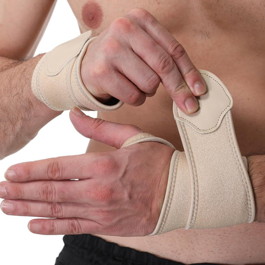 NeoTech Care Wrist Band - Elastic & Breathable Fabric - Adjustable Compression Strap - Men, Women, Right or Left - Support Wrap for Protection or Sports (Beige Color, Size L, 1 Pair)