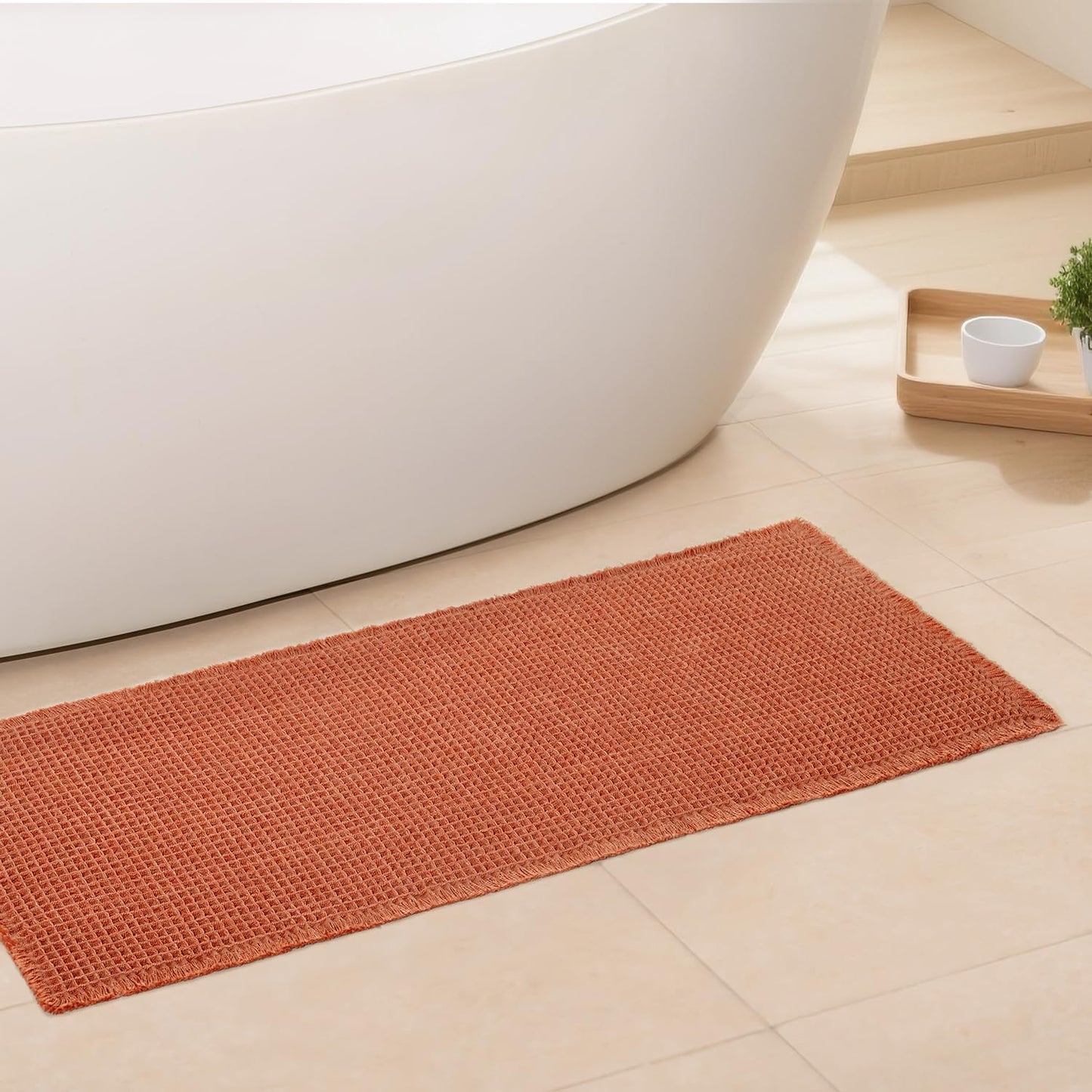 Waffle Bath Mat - Boho Bathroom Rugs Non Slip Washable, Super Absorbent & Quick Dry, Soft Bath Mat Farmhouse Bathroom Decor, 20'' x 48'', Dirty Orange