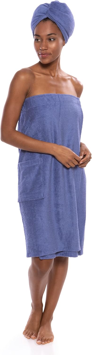 TexereSilk Women's Towel Wrap - Rayon Cotton Blend Spa Wrap Set (The Waterfall, Kashmir Blue, Large/X-Large)