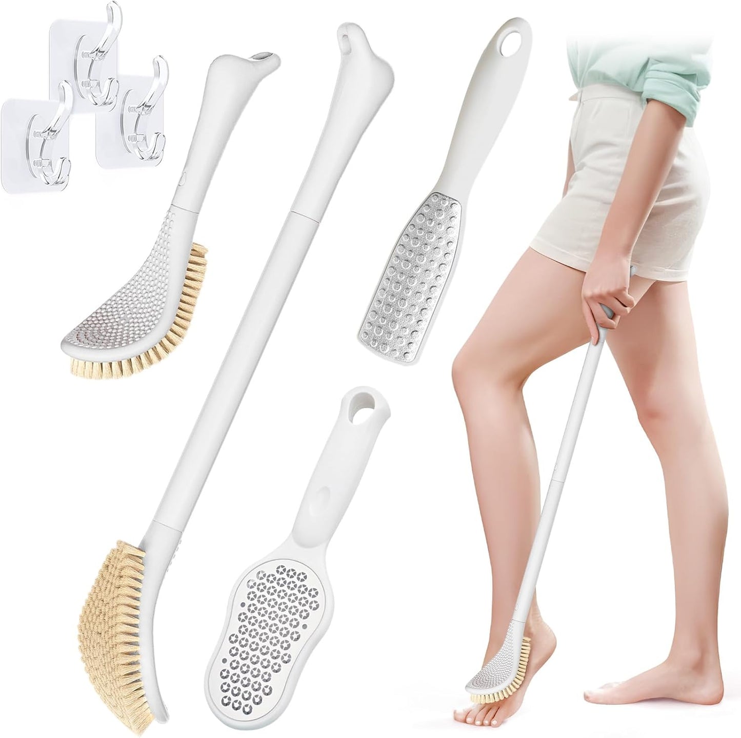 New Foot Brush & Foot Files Set(3PCS), 3-IN-1 Foot Scrubber with Long Handle, 10.2’’-27.5’’Adjustable Foot Scrub Brush and 2 Upgrade Foot File Callus Remover, Gift-Box Packed(White+2*Foot File)