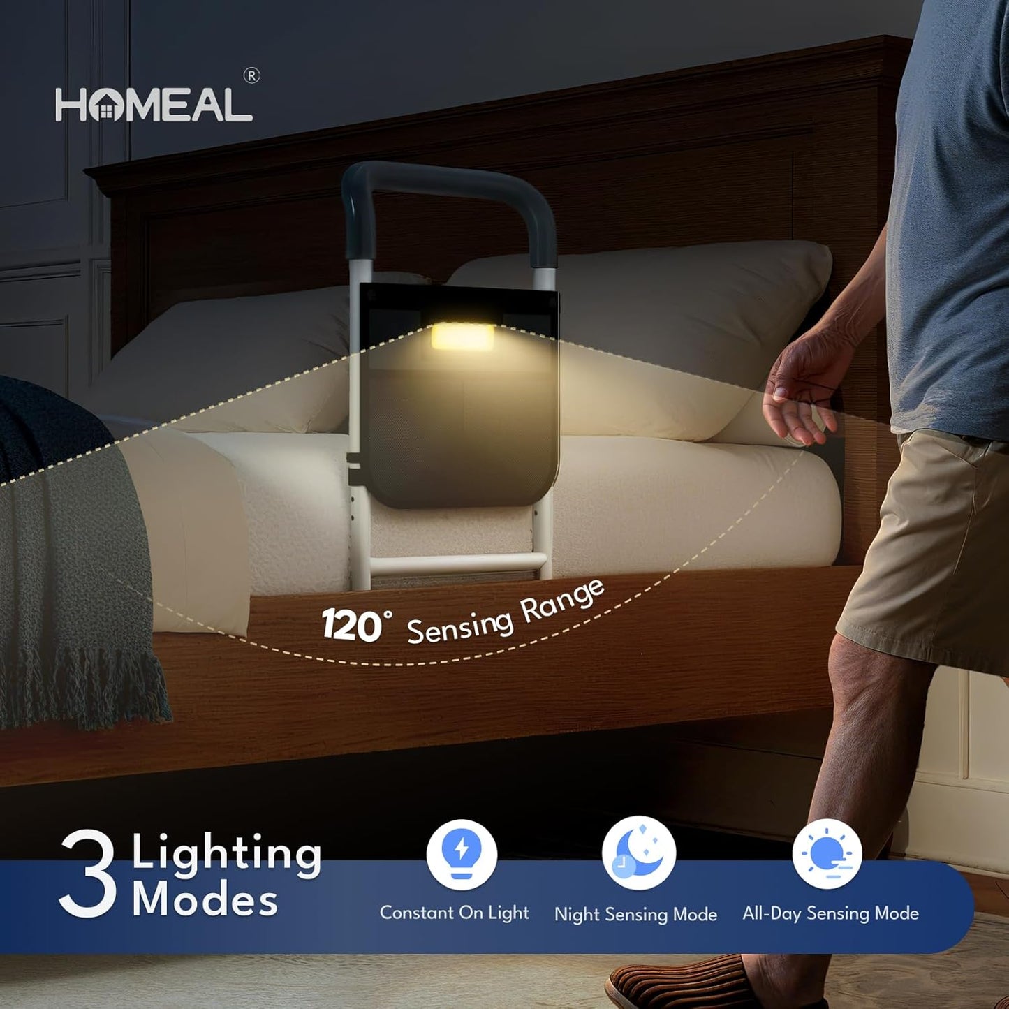 HOMEAL Bed Rails for Elderly Adults Safety, Adjustable Bed Assist Rail with Motion Light, 350lbs Heavy Duty Bedside Safety Cane with Storage Pocket & Fixing Strap, Fit Standard & Adjustable Bed (Grey)