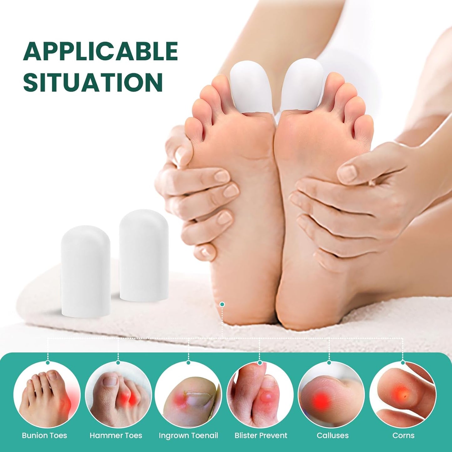 Welnove Gel Toe Cap and Protector - Silicone Toe Covers - Toe Cushions for Pain Relief, Missing or Ingrown Toenails, Corns, Calluses, Blisters (8 Large, White)
