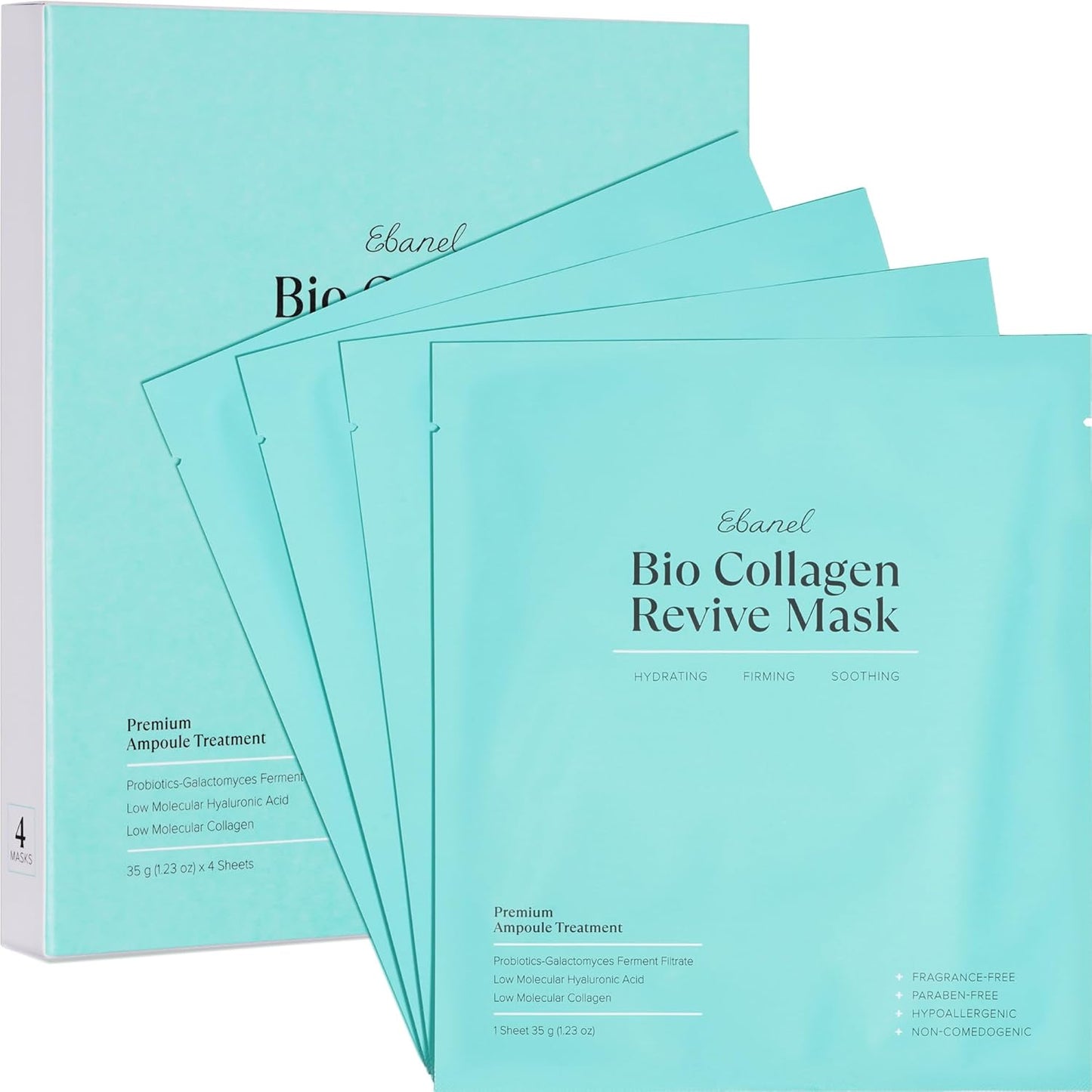 Ebanel Bio Collagen Face Mask, 4-Pack Hydrating Face Masks with 7 Peptides, Hyaluronic Acid, Niacinamide, Centella, Rose Water, Ceramide, and B5, Glass Skin Tightening and Lifting Korean Sheet Masks
