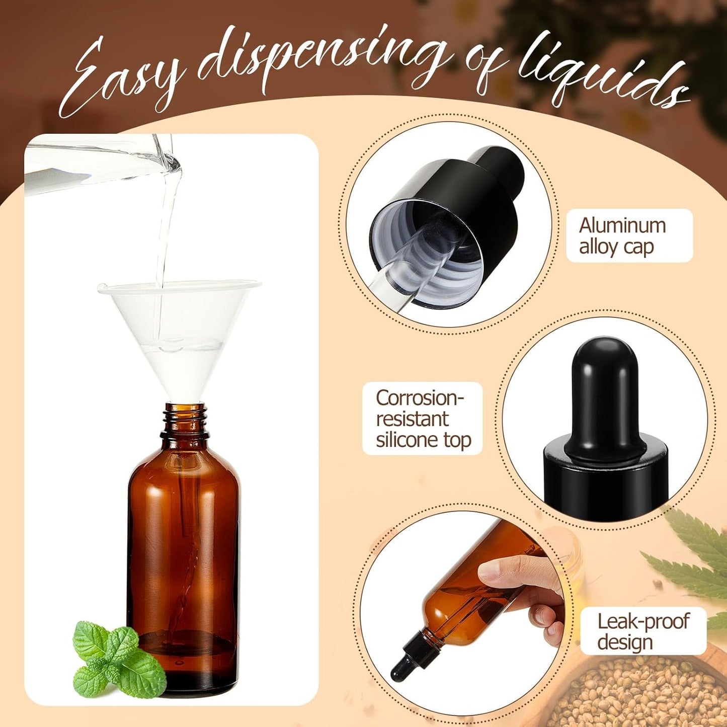 Lallisa 100 Pack Essential Oil Dropper Bottle 10 ml (1/3 Oz) Glass Dropper Bottles DIY for Diy essential Oil Perfume with 5 Funnels 5 Pipettes 3ml 100 Labels for Bathrooms, Hotels, Labs (Amber)