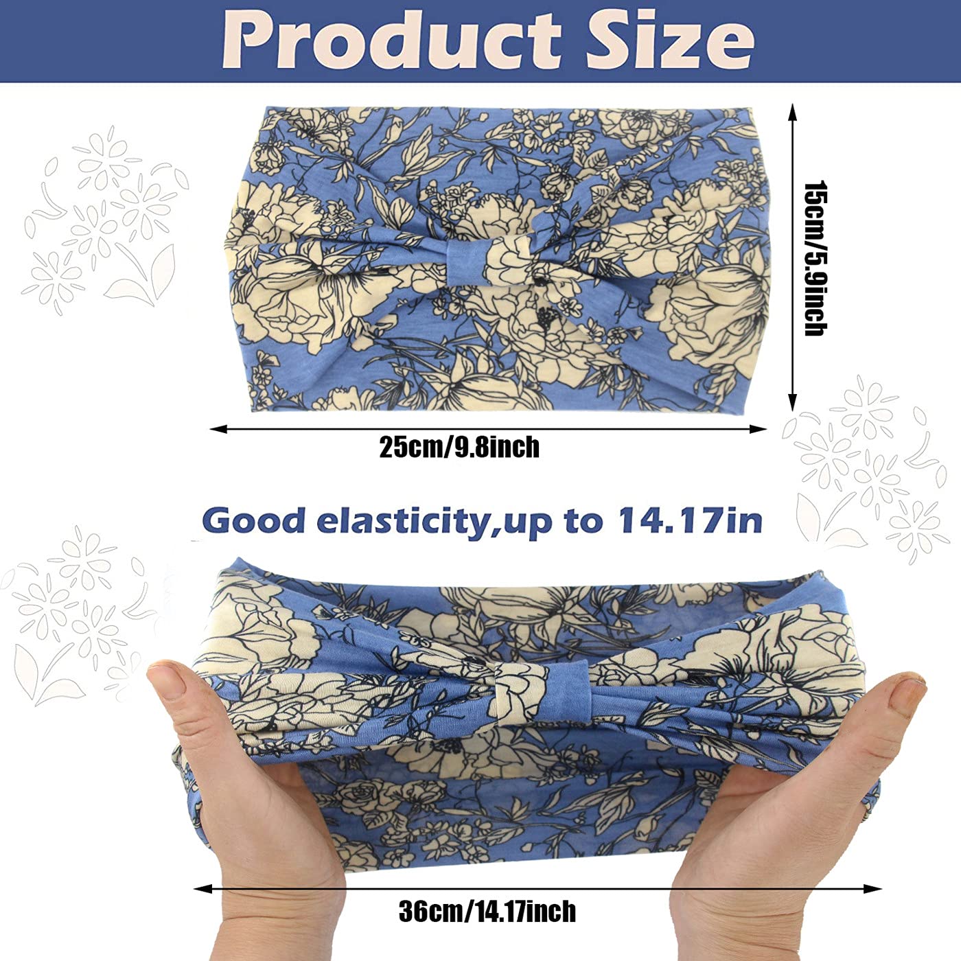 Yeshan Boho Bandeau headbands for Women Wide Bandana Knot Hair Scarf Floral Printed African Hair Bands Elastic Turban Thick Head Wraps Stretch Cotton Head Bands,Pack of 6