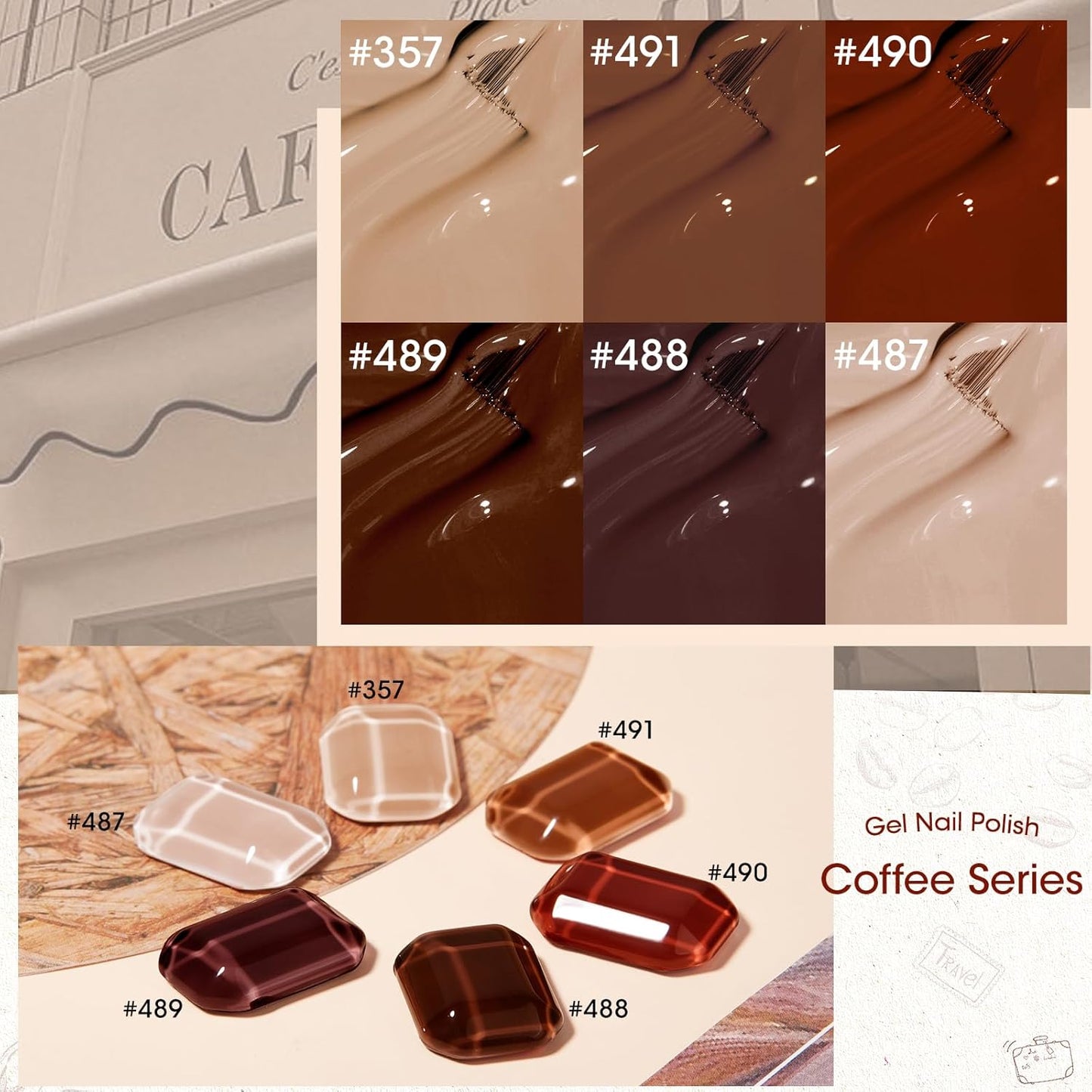 Gellen Chocolate Brown Gel Nail Polish Set, 6 Colors Coffee Brown, Milky White, Beige - 10ml UV Gel Polish Kit, No Wipe Soak Off Glossy Finish