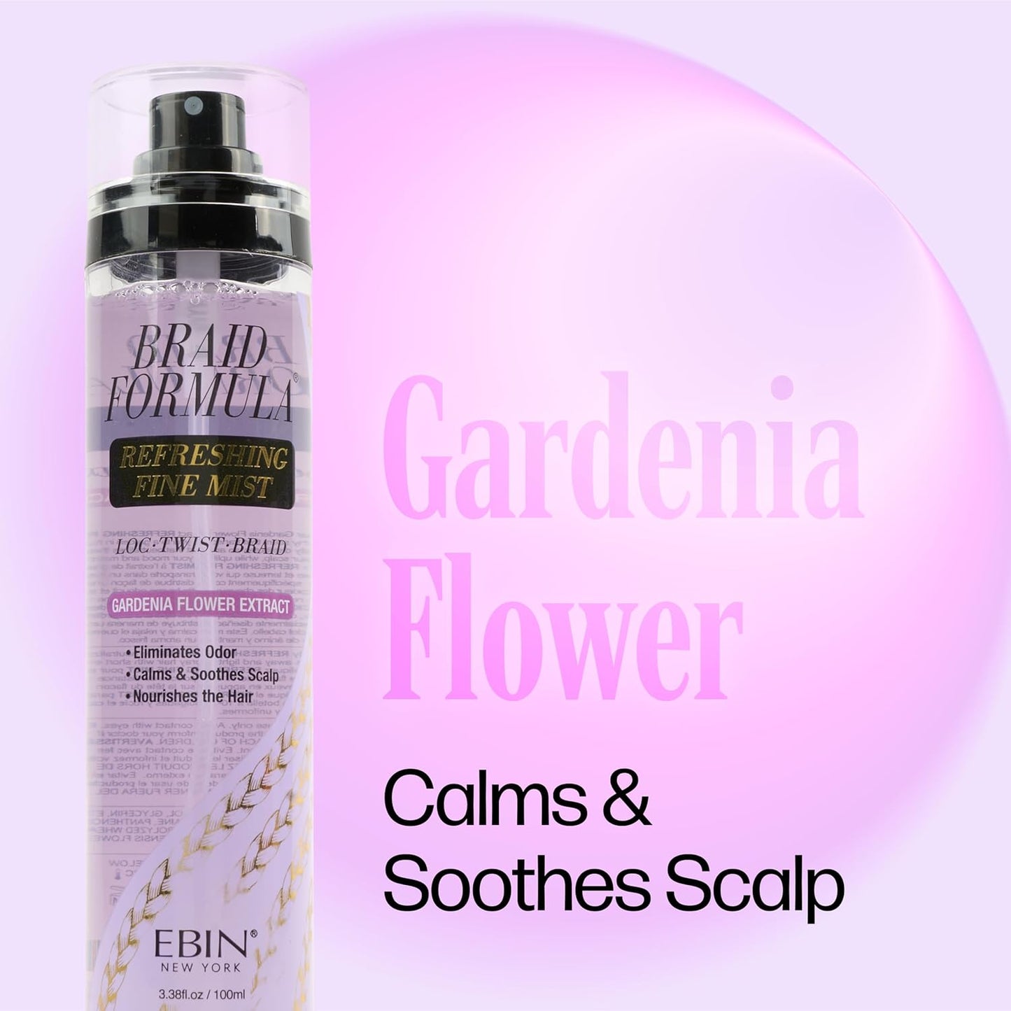 Braid Formula Refreshing Fine Mist 3.38 Fl. Oz. Gardenia Flower - Eliminates Odor, Gives High Shine, Infused Gardenia Flower Extract for Your Scalp Calming, Hair Nourishing