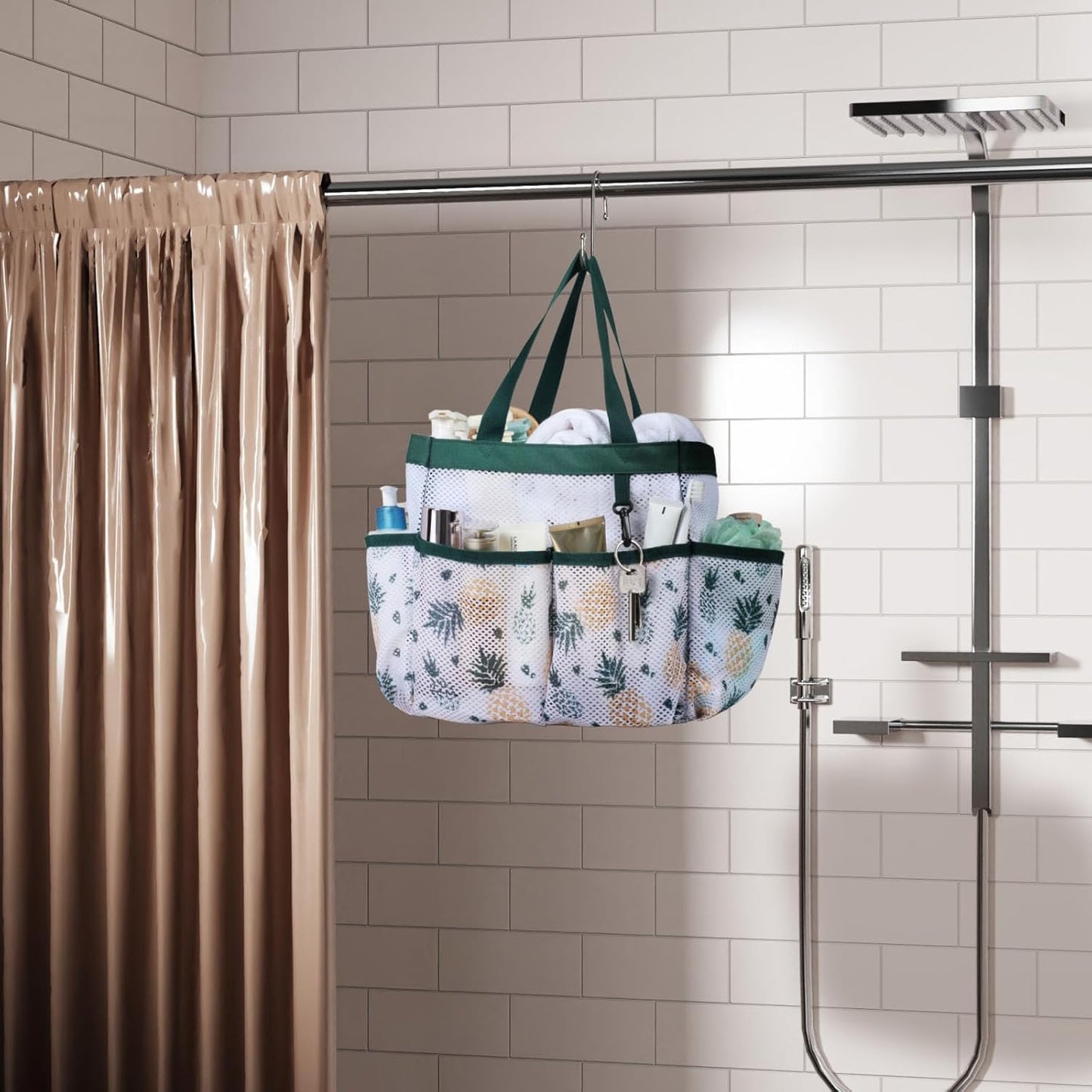 F-color Shower Caddy Portable - Mesh Shower Bag Basket Tote for College Dorm Room Essentials Bathroom Gym Camp Quick Dry for Women Men with S Hook, Green Pineapple