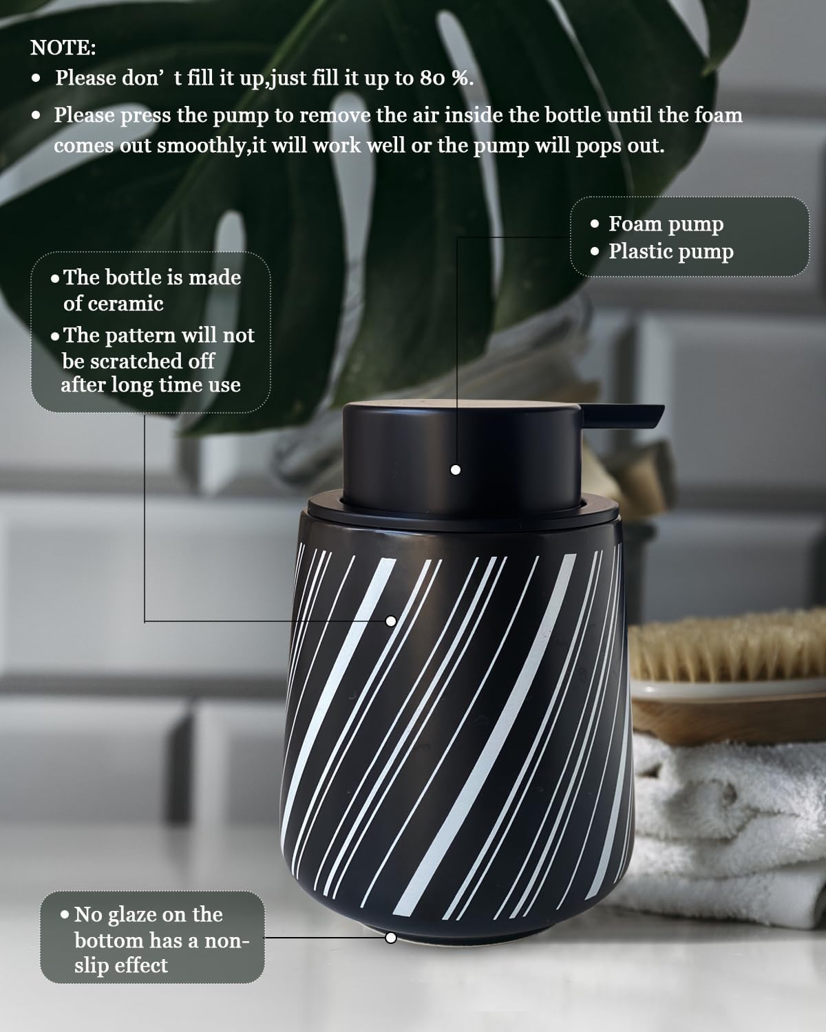 Chic Soap Dispenser Bathroom Ceramic Hand Foam Soap Dispenser for Bathroom Deco 12ounce Refillable Liquid Dispenser for Kitchen (Black)