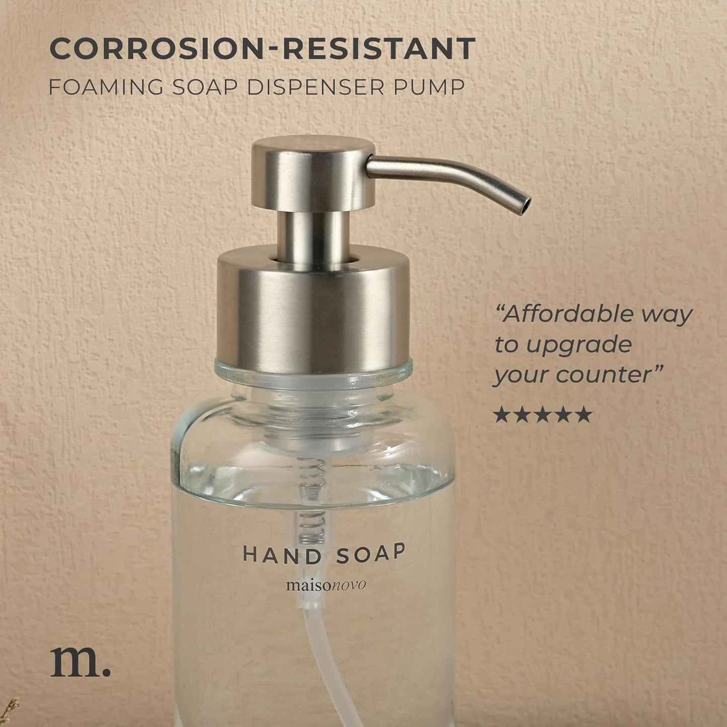 MaisoNovo Glass Foaming Hand Soap Dispenser 14 Oz | Clear Foaming Soap Dispenser Clear Bottle Silver Pump x 1 w/Labels