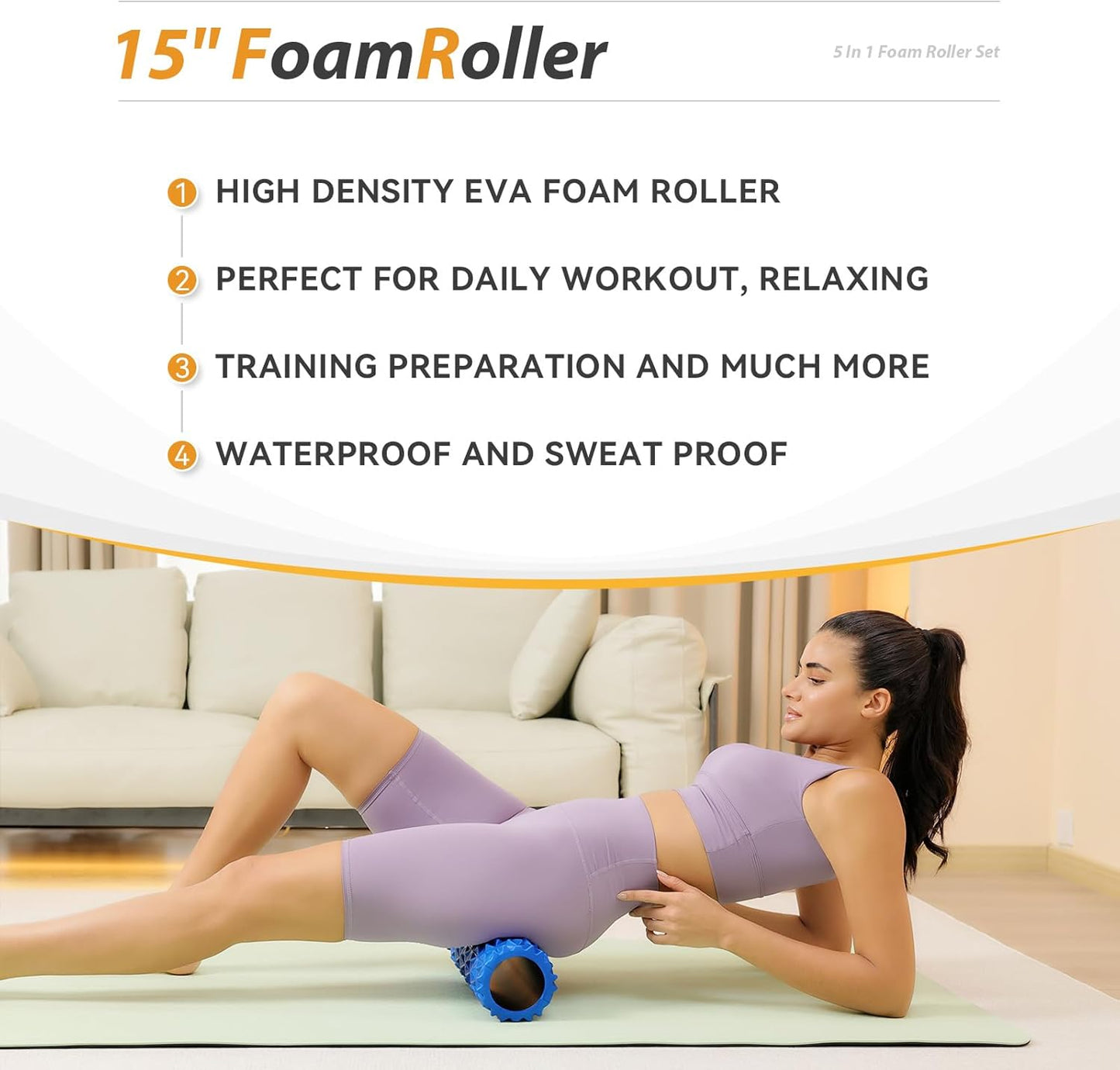 5 in1 Foam Roller Set, Trigger Point Foam Roller, Massage Roller Stick, Massage Ball, Resistance Band for Deep Muscle Massage Pilates Yoga,Fitness Exercise for Whole Body (Pure Blue)