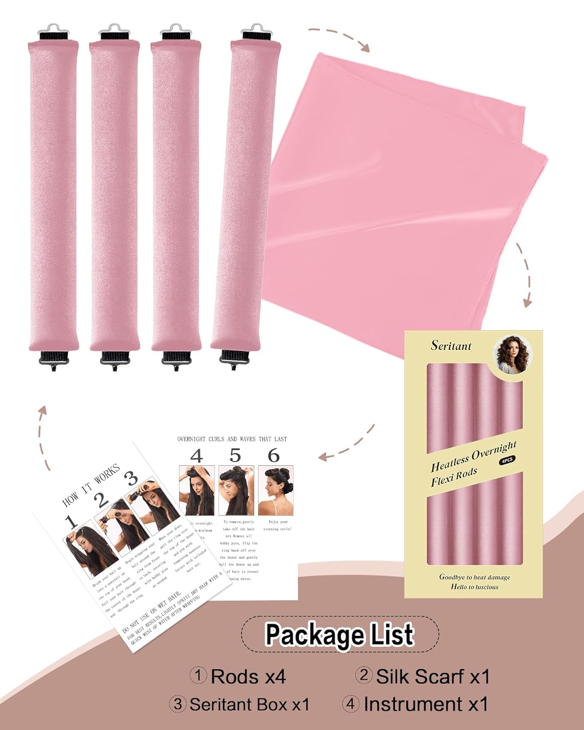 Heatless Curls Overnight Hair Curler - 4 Pcs Curling Rod to Sleep In, Velvet Hair Rollers with Satin Hair Scarf