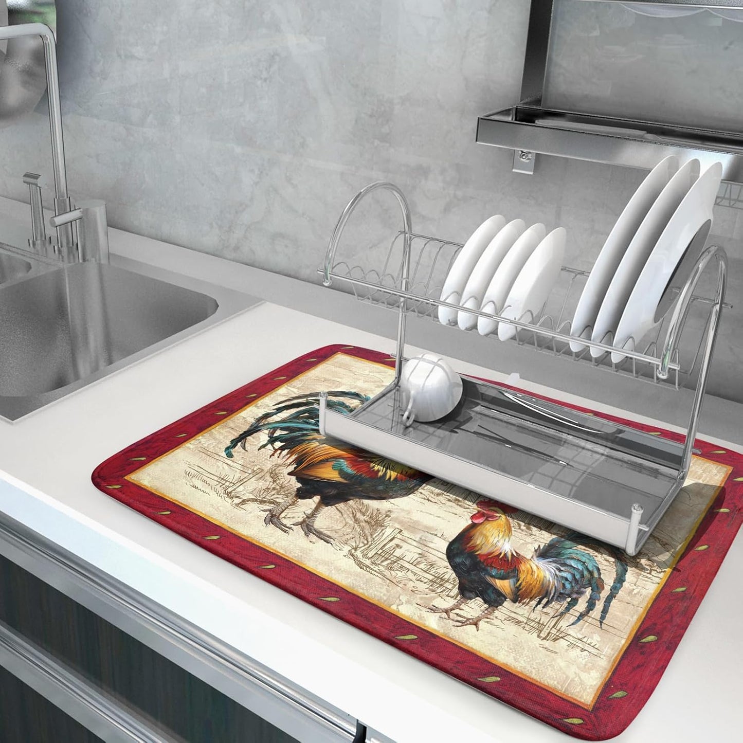 Farm Rooster Dish Drying Mat for Countertop 18x24 Inches Red Rustic Chicken Absorbent Microfiber Dry Dishes Pads Kitchen Counter Accessories