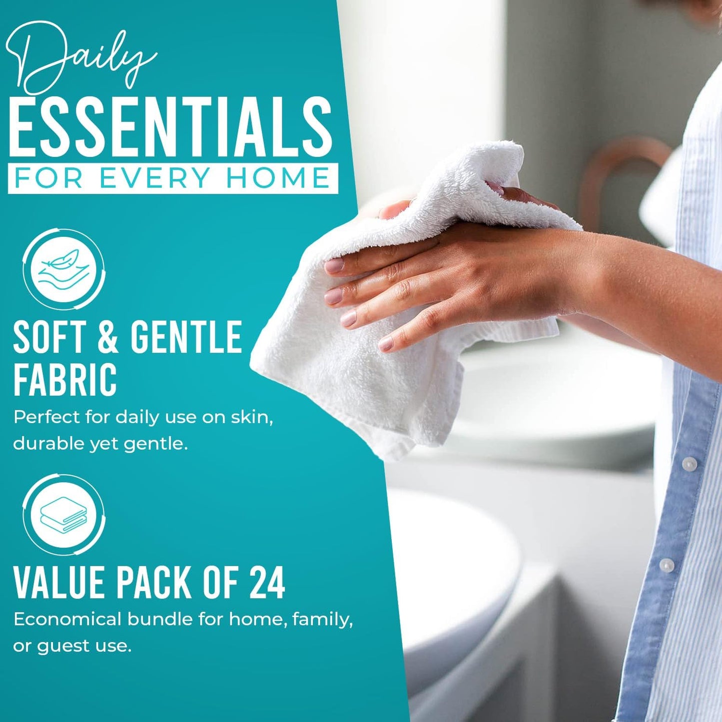 DAN RIVER 100% Cotton Wash Cloths 24 Pack [12x12] Soft & Absorbent Bath washcloths, Gym, Hotels & Spa Perfect for Everyday Use Fingertip Towels, Turquoise