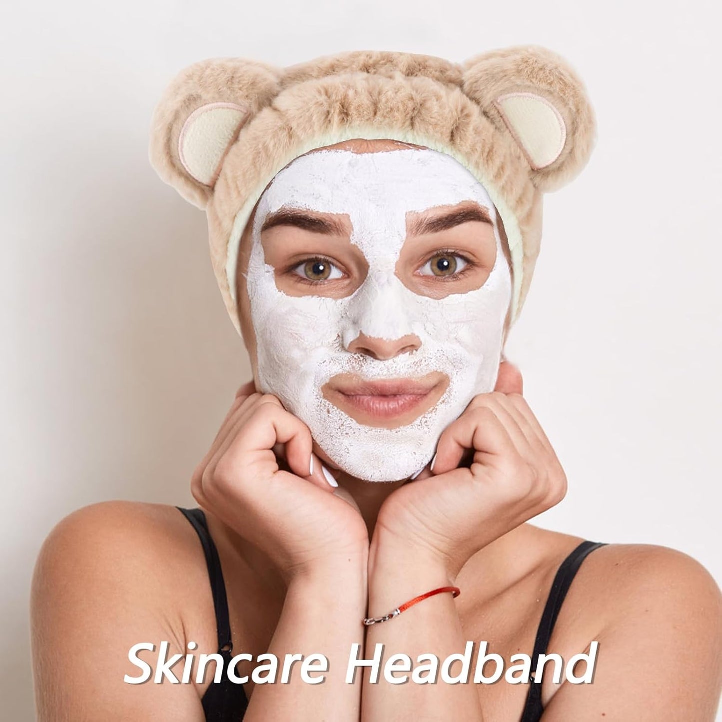 VELSCRUN Spa Headband, Makeup Face Wash Skincare Headbands, 5 Pcs Sponge Get Ready Bear Ears Hairband Facial Wristband Hair Clip Set, Stuff for Teen Girls Women Trendy Fashion Hair Accessories Brown