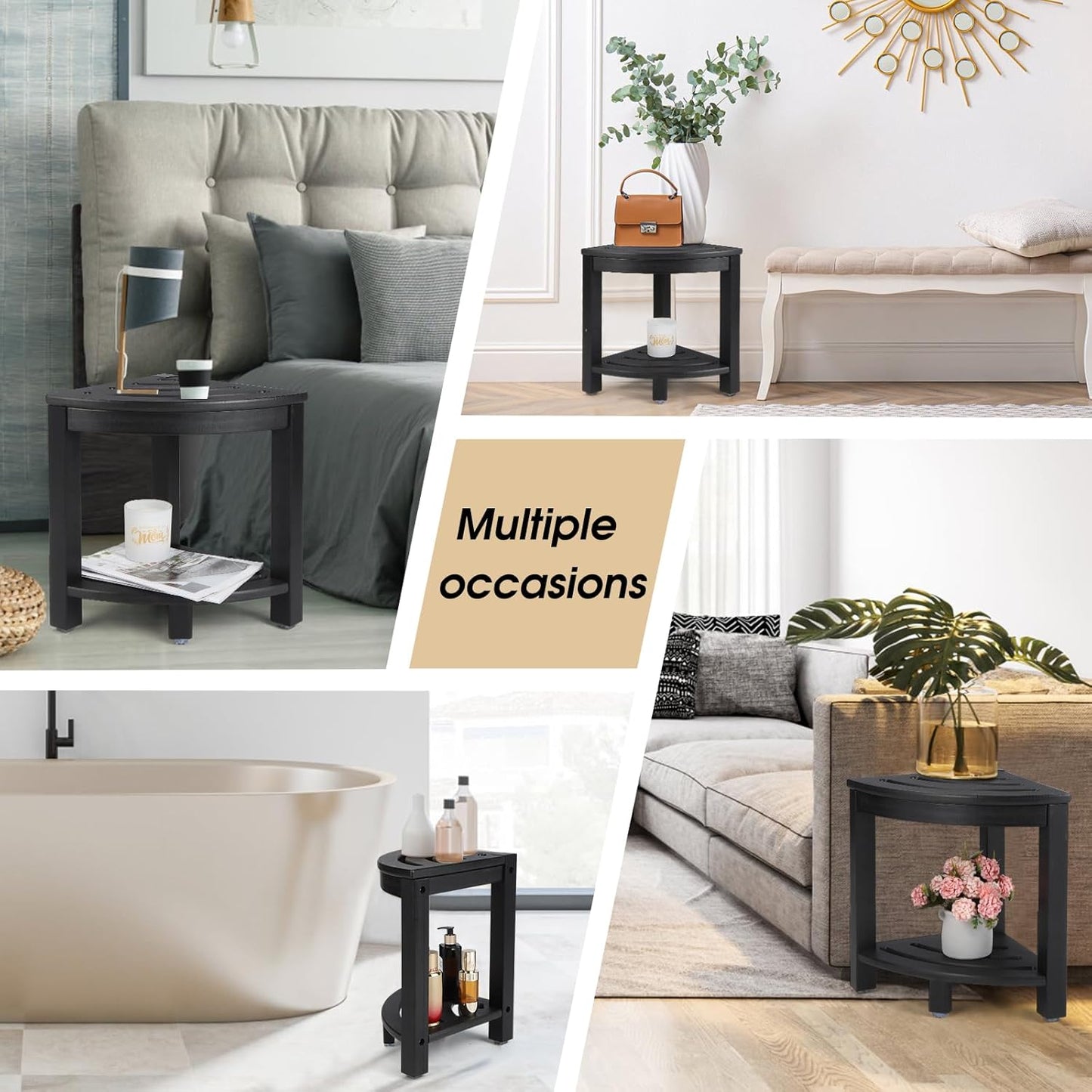 HDPE Corner Shower Stool,Shower Bench Seat with Storage Shelf for Shaving Legs Plastic Spa Bath Step Foot Rest for Bathroom Small Place (Black)