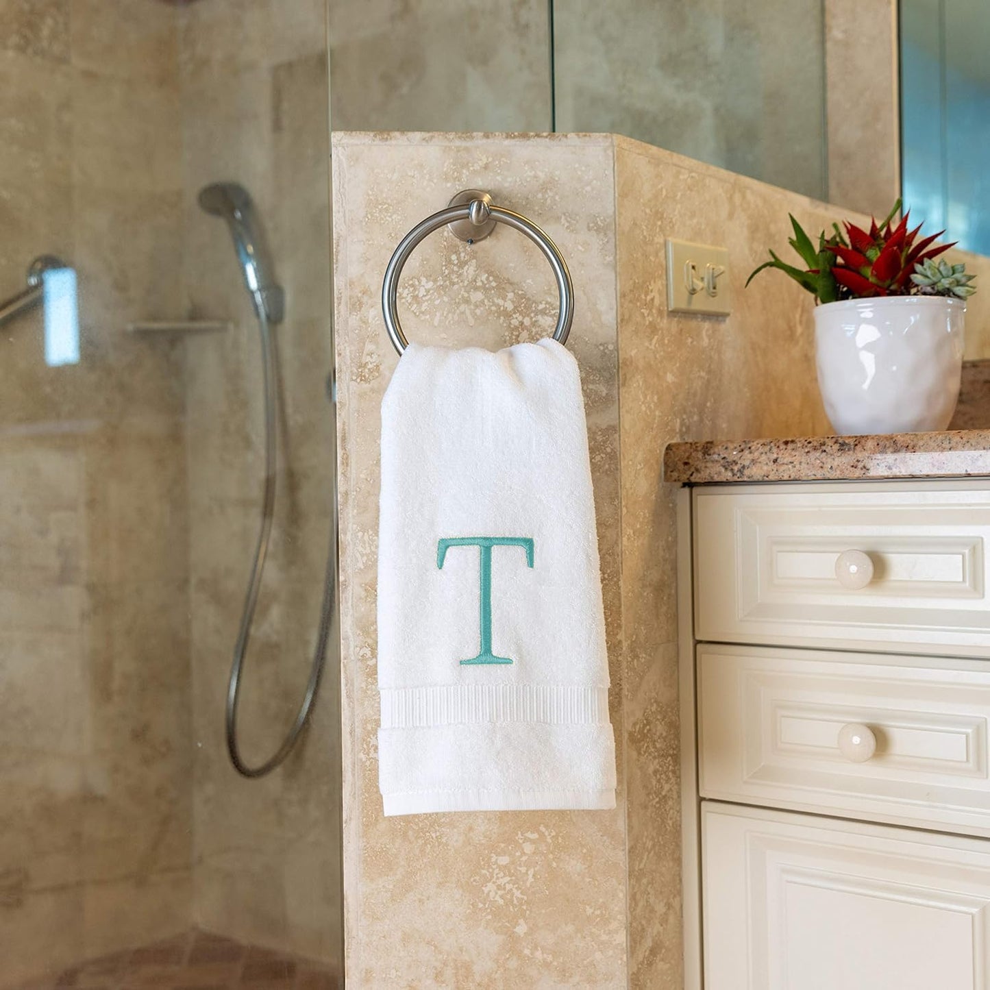 Teal and White Bathroom Hand Towel - Monogrammed Luxury Hotel Quality Decorative Embroidered Towel for Powder Room, Spa - GOTS Organic Certified - Pack of 2, Letter T