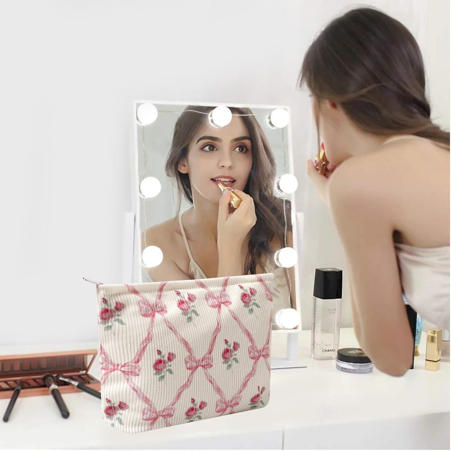 Cosmetic Bags for Women - Corduroy Cosmetic Bag Aesthetic Women Handbags Purses Smile Dots Makeup Organizer Storage Makeup Bag Girls Case Bags (Flowers-Bow)