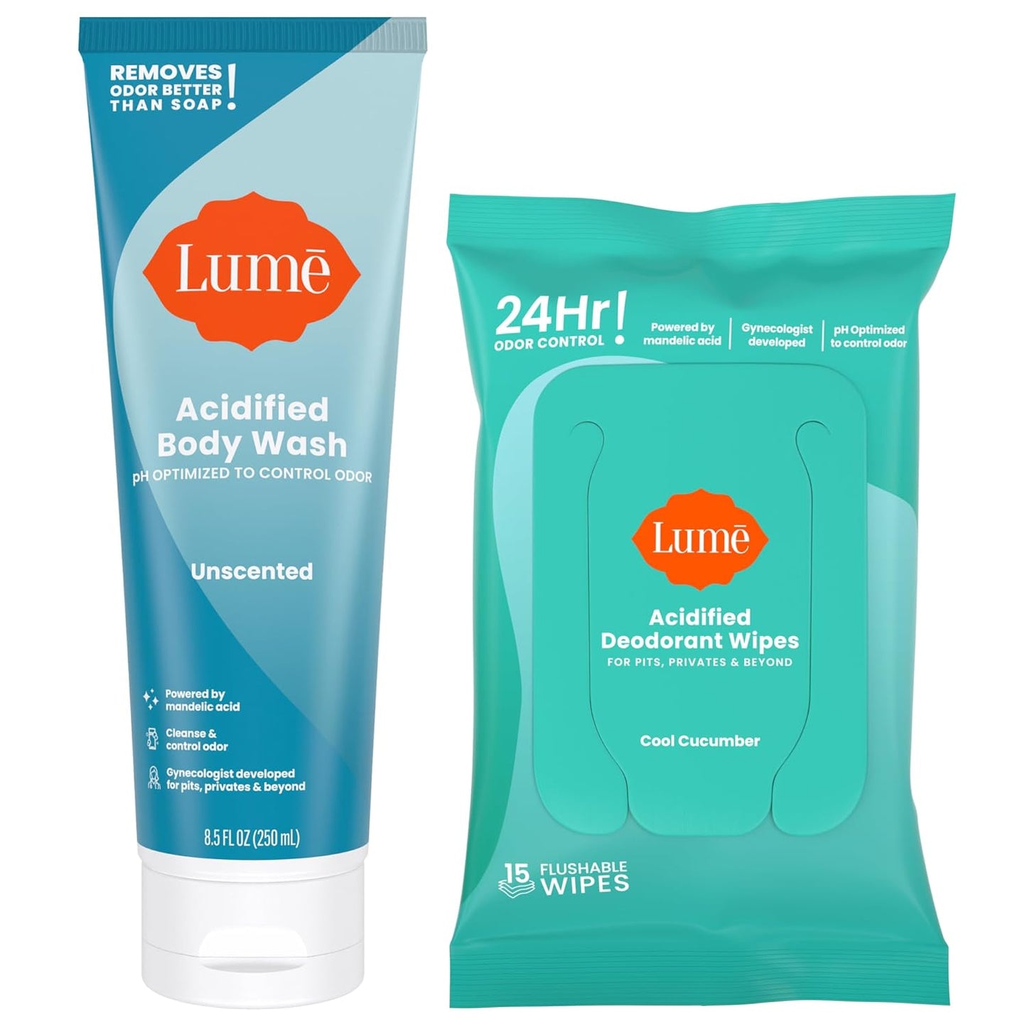Lume Acidified Body Wash & Flushable Deodorant Wipes - 24 Hour Odor Control - Hydrating Wash - Without SLS or Parabens - OB/GYN Developed - 8.5 Ounce (Unscented) 15 Count Wipes (Cool Cucumber)
