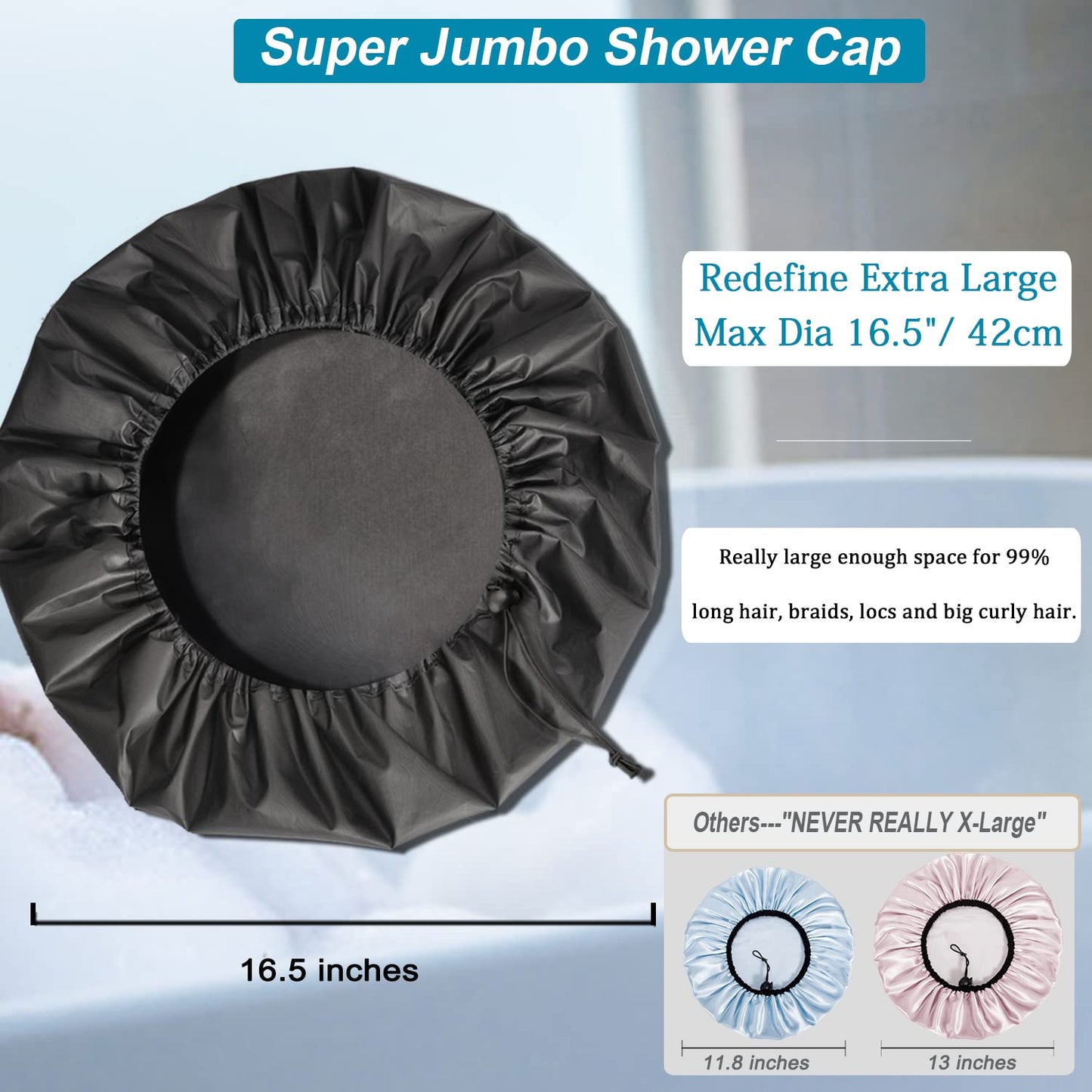 3 Pcs Super Jumbo Adjustable Satin Lined Shower Caps for Long Hair & Braids, Extra Extra Large Shower Cap for Women & Men, XXL Shower Cap with Waterproof Edge for Dreadlocks, Locs (Black)