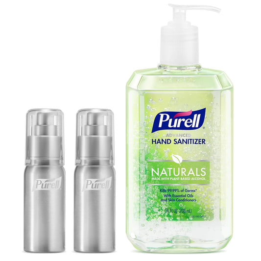PURELL Advanced Hand Sanitizer Naturals + Refillable Aluminum Bottles, (2) 2 fl oz Travel-Size Bottles (Shipped Empty) and (1) 24 fl oz Refill (Pack of 1) – 3282-12KIT-EC