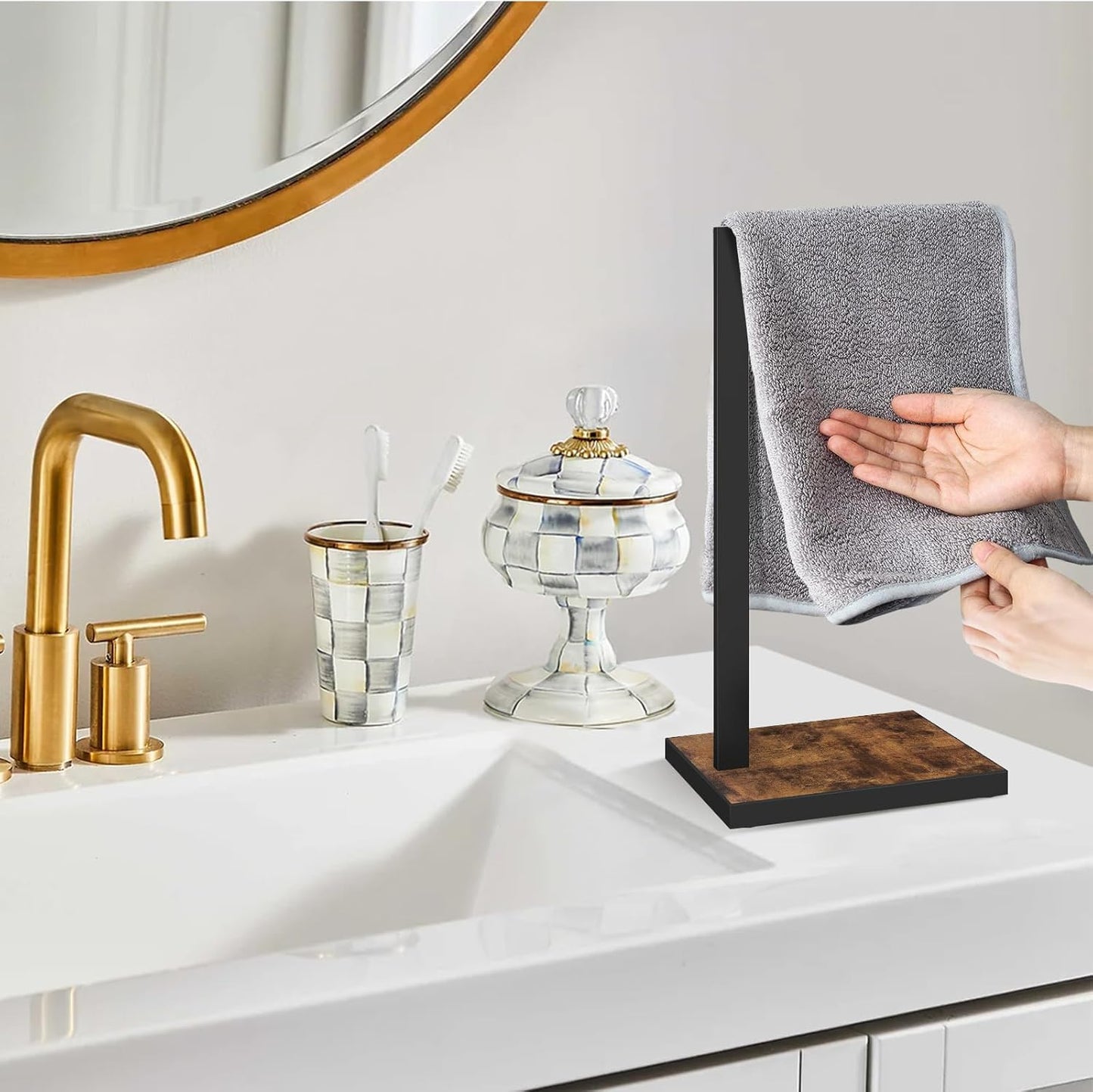 Hand Towel Holder for Bathroom, Hand Towel Stand with Wood Base, L-Shape Hand Towel Rack Height 16.3'' for Vanity Countertop, Kitchen Counter, (Rustic Brown-Square Base-L Shape)