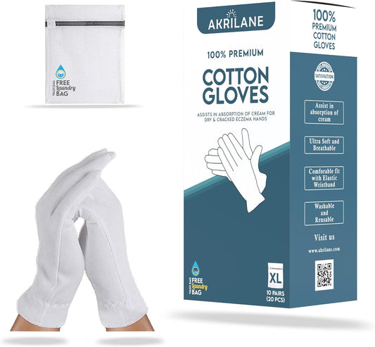 AKRILANE Extra Large 10 Pairs Cotton Moisturizing Gloves for Dry Hands | Eczema, Psoriasis & Skin Spa Treatment for Women & Men | Washable & Reusable with Free Laundry Bag