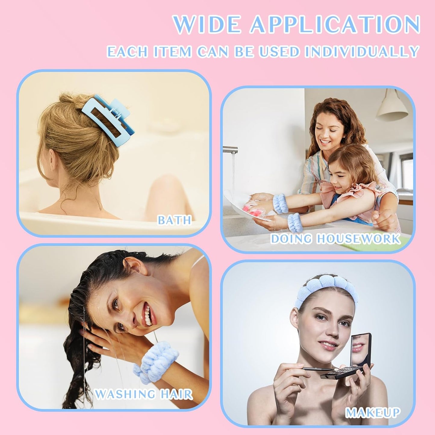 Wecoe Spa Headband And Wristband Set Skincare Headband For Washing Face Hair Claw Clips For Thick Hair Cute Blue Puffy Sponge Makeup Bubble Head Band Wrist Towels Scrunchies For Women Girls