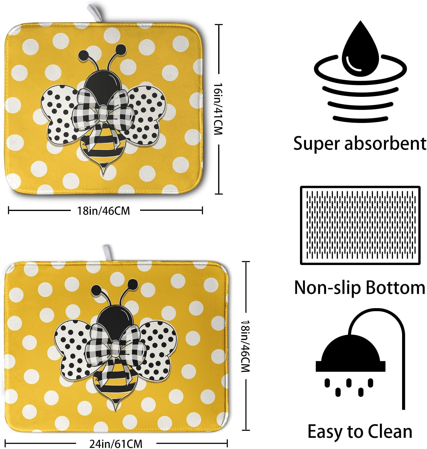 Bee Dish Drying Mat for Kitchen Counter 16x18 Inch Yellow Honey Bees Polka Dots Dishes Pad Cute Bumblebee Dish Draining Microfiber Absorbent Dish Drainer Rack Mat Medium Kitchen Accessories