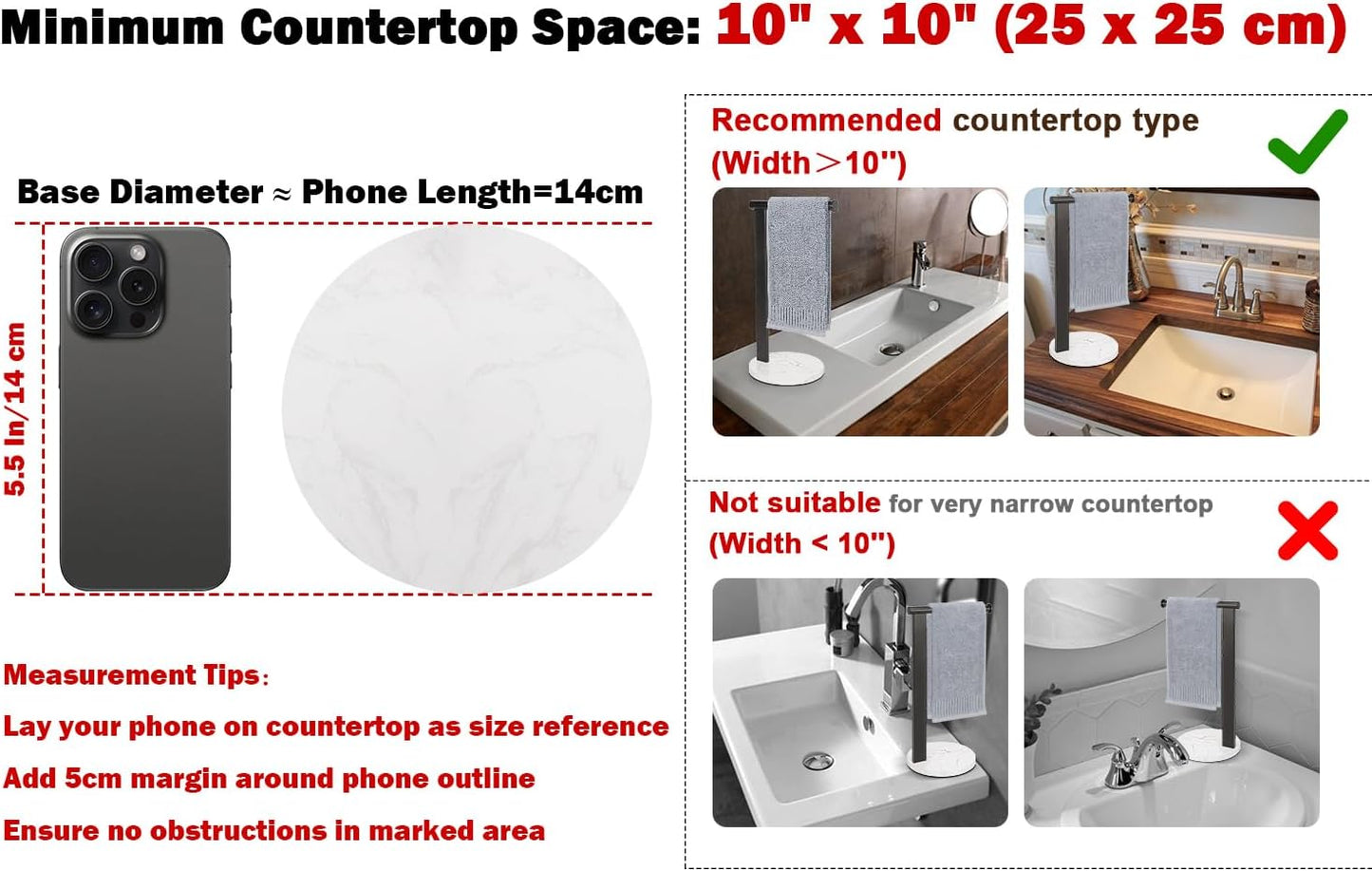 Hand Towel Holder Stand for Bathroom, L- Shaped Standing Hand Towel Rack, Towel Bar Kitchen Vanity Countertop Organizer, SUS304 Stainless Steel Material (Marble Base, Matte Black)