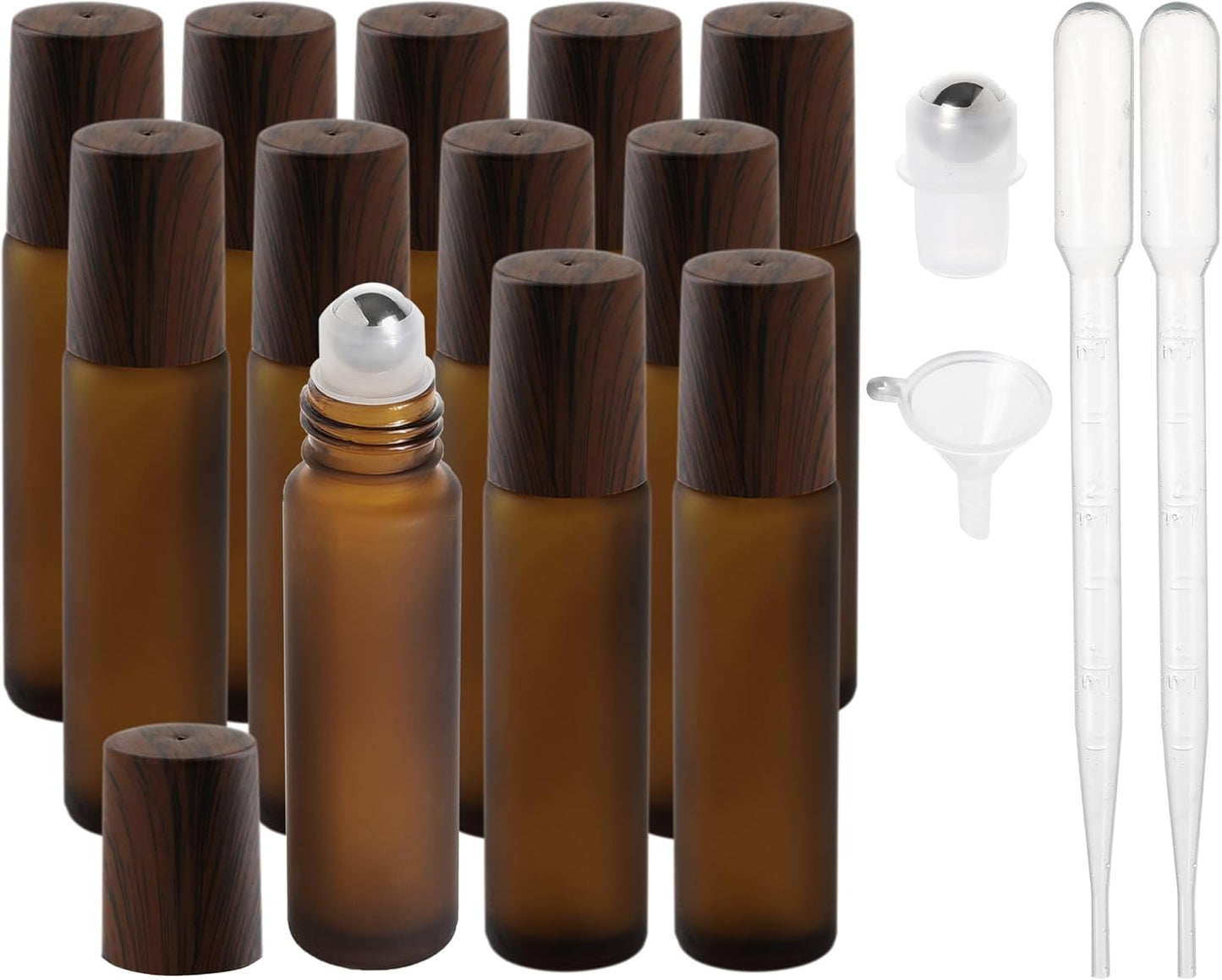 Essential Oil Roller Bottles, 10ml Thick Glass Perfume Roller Bottles with Funnel Opener and Dropper Amber Glass Empty Bottles with Stainless Steel Roller Balls (Amber, 12 Pack)