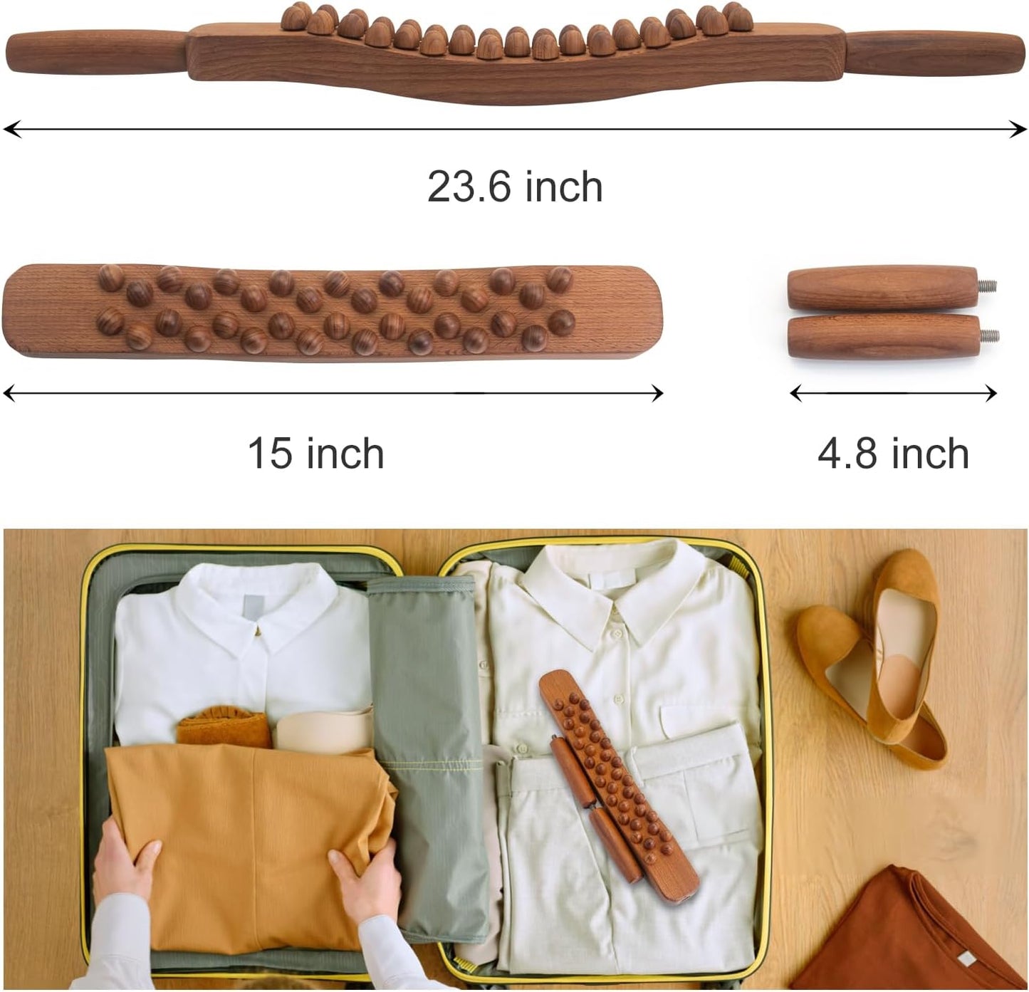Guasha Wood Stick Tools Wooden Therapy Scraping Lymphatic Drainage Massager, Double Row 34 Beads Point Treatment Gua Sha Tools for Back Leg, Anti-Cellulite and Pain Relief(Two Row,34 Beads)