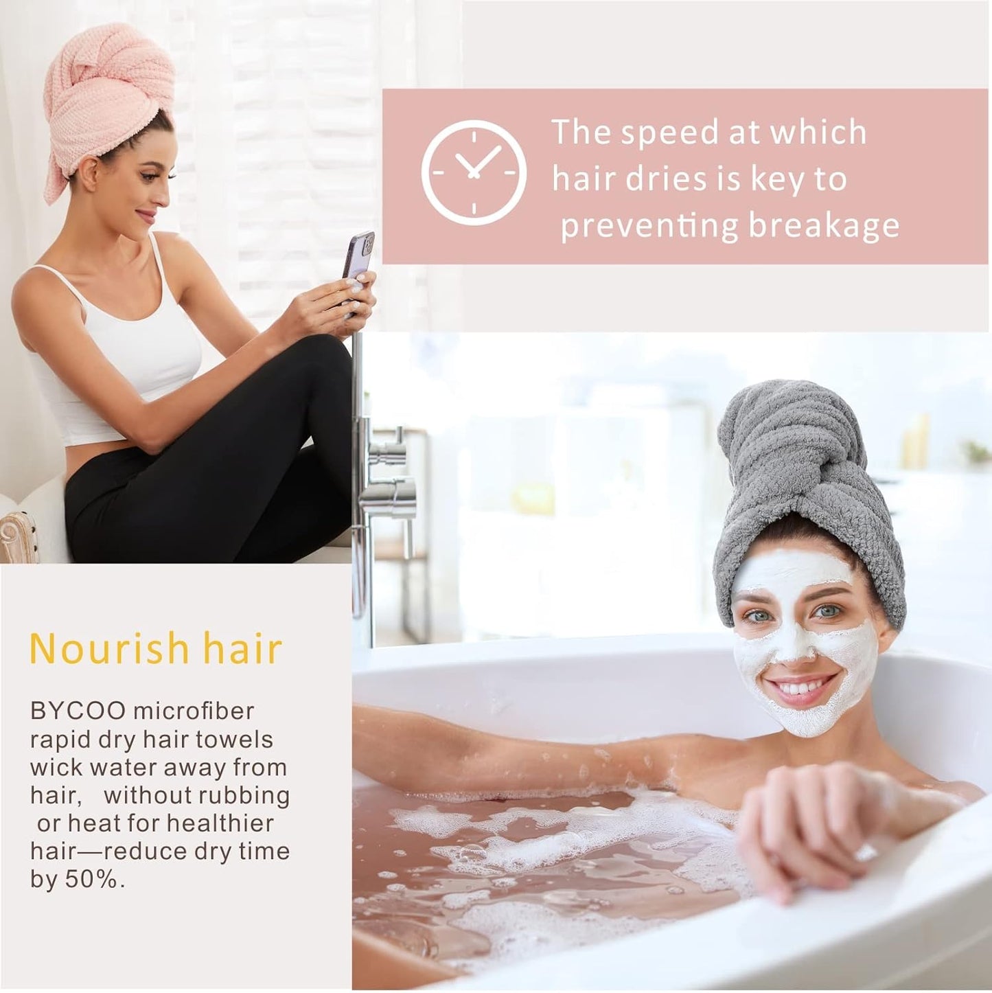 2 Pack Large Microfiber Hair Towel Wrap for Women, Anti Frizz Hair Drying Towels, Fast Dry Hair Turban - for Wet, Long, Thick, Curly Hair - Super Absorbent Soft Towels - Gray & Pink