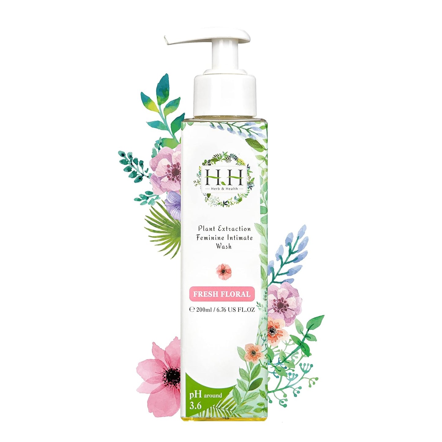HH Herb & Health Feminine Wash for Women, pH3.6 Lactobacillus Cleanser with Botanical Extracts, Hydrating & Cooling Intimate Care for Odor Dryness and Itch, Sensitive Skin Safe, Fresh Floral Scent