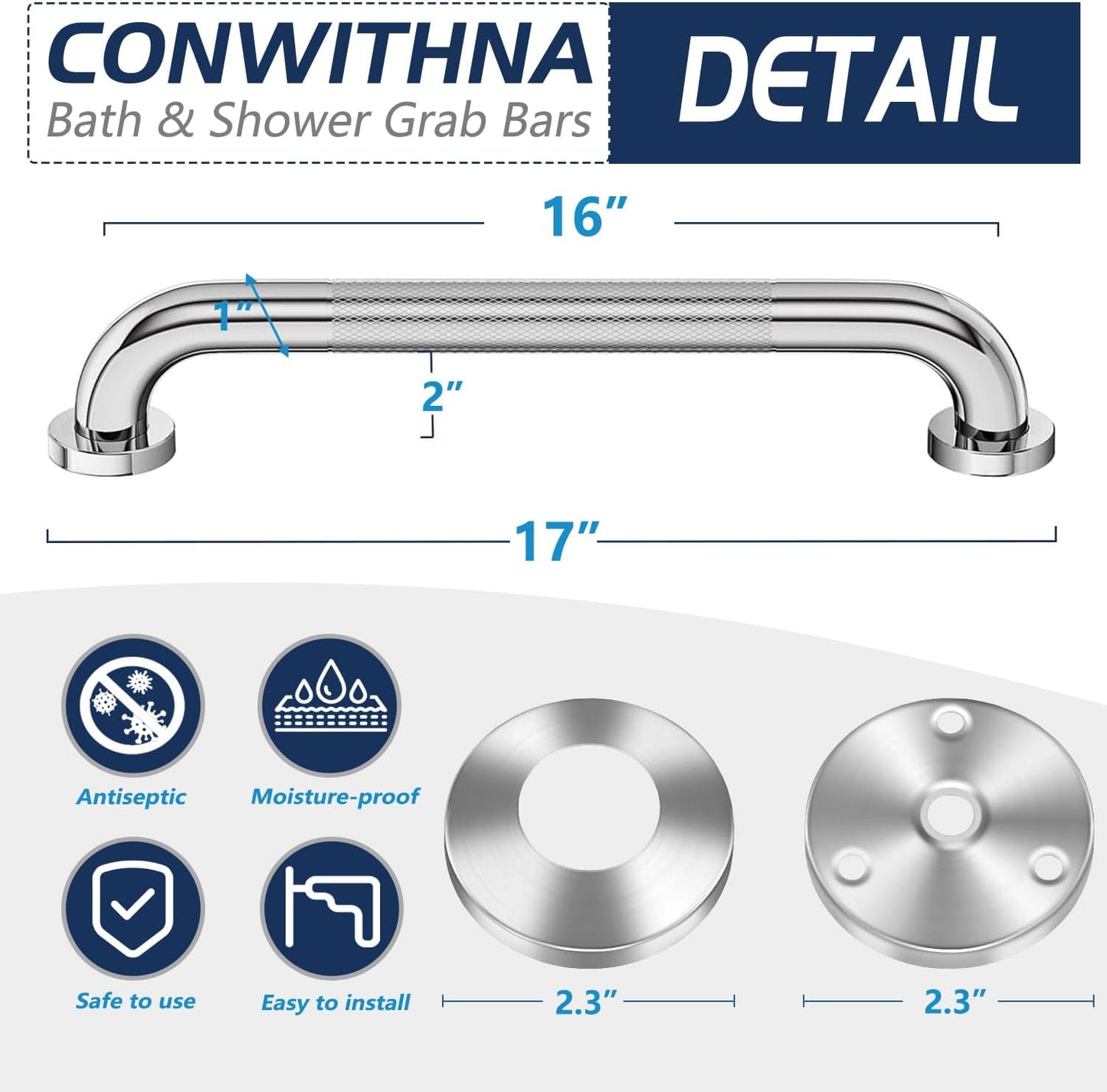 Grab Bars for Bathroom 16 Inch Silver Stainless Steel Rhombus Shower Grab Bar Anti Slip Home Care Bath Handrail Safety Hand Rail Support for Showers Seniors Elderly Assist Handicap Bath Handle 2 Pack