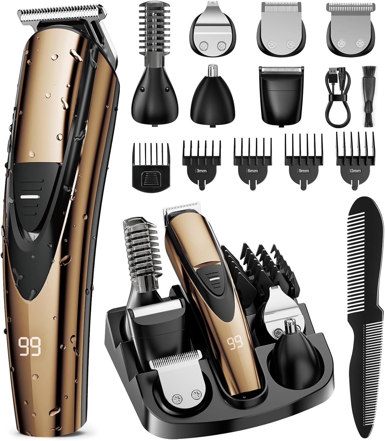 SHPAVVER Electric Beard Trimmer for Men: 16-in-1 Professional Barber Hair Clippers - Cordless Grooming Kit - Turbo Speed & Precision Blades, Gold