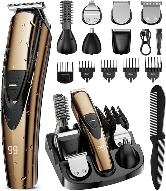 SHPAVVER Electric Beard Trimmer for Men: 16-in-1 Professional Barber Hair Clippers - Cordless Grooming Kit - Turbo Speed & Precision Blades, Gold