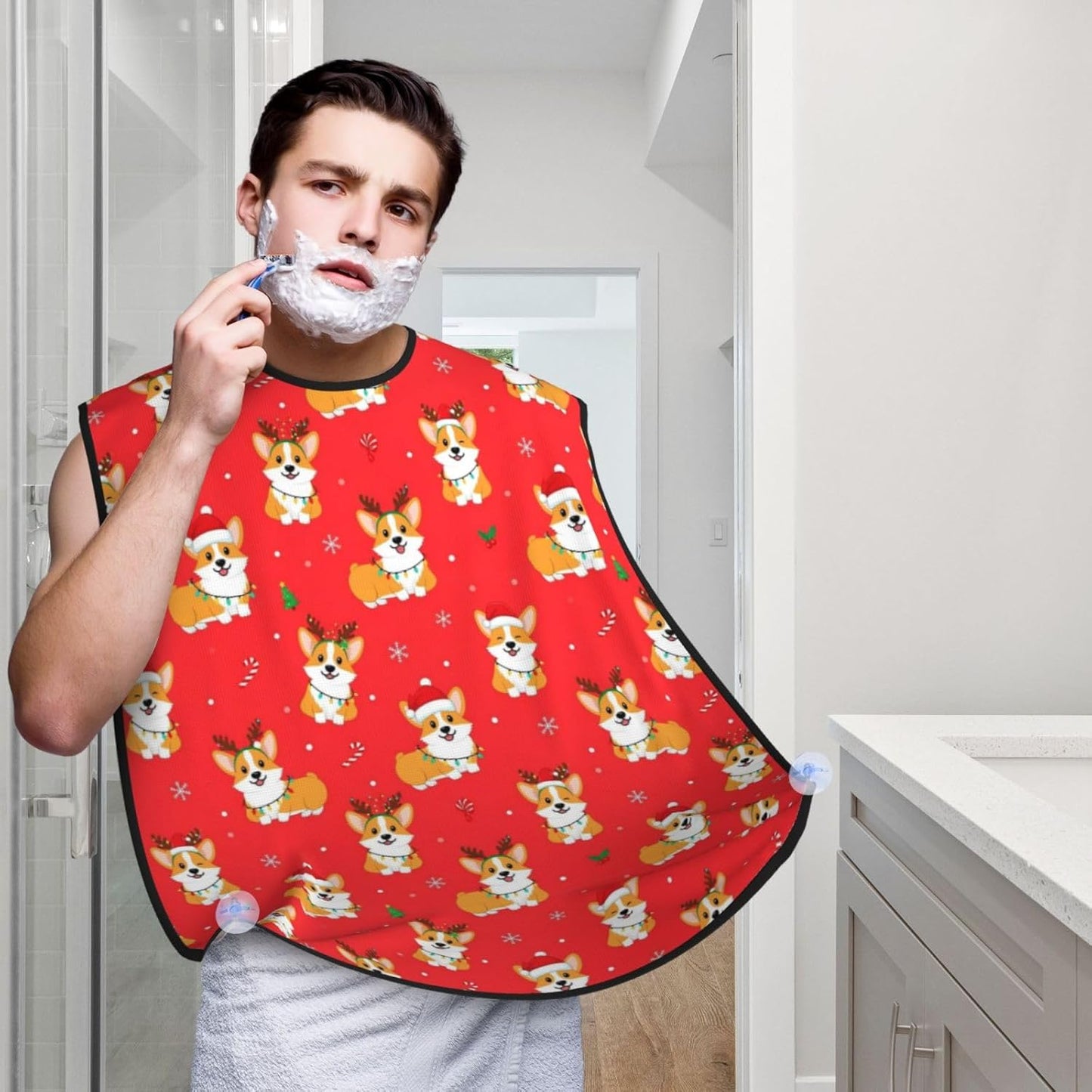 Beard Hair Catcher for Men, Waterproof Shaving Bib Apron Non-Stick, Trimming Tool for Dad Husband, Christmas Corgi Dogs Red Shave Bib