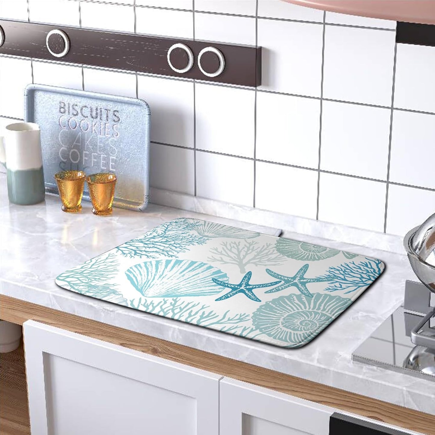 Summer Blue Dish Drying Mat for Kitchen Counter Nautical Coastal Teal Dishes Drainer Mats Beach Coral Seashell Starfish Ocean Absorbent Microfiber Dish Draining Pad 16x18 Inch