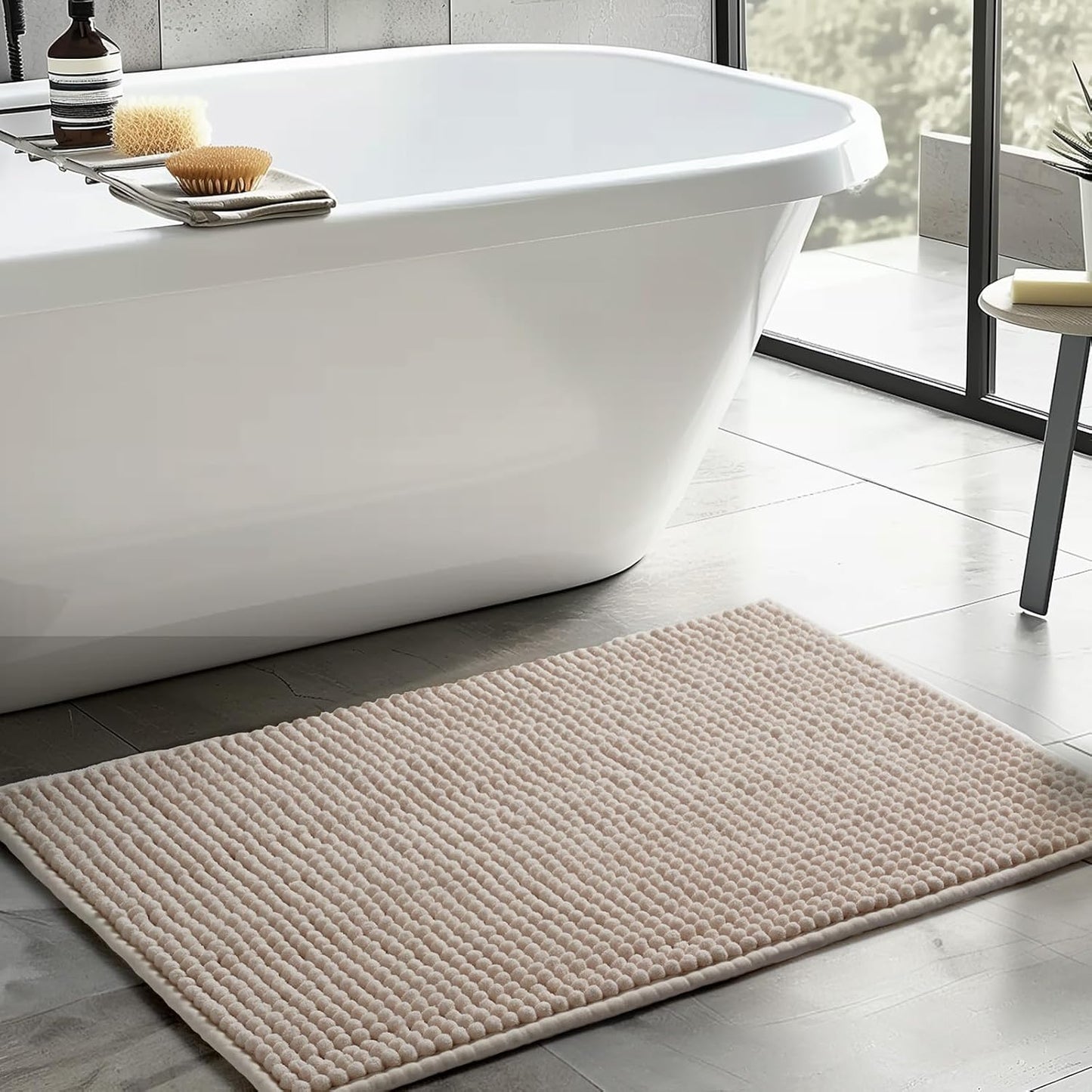 FRESHMINT Thick Chunky Chenille Bath Rugs 24"x36", Non Slip Bath Mat, Soft Bathroom Decor, Cute Shower Mat, Water Absorbent, Washable, Beige