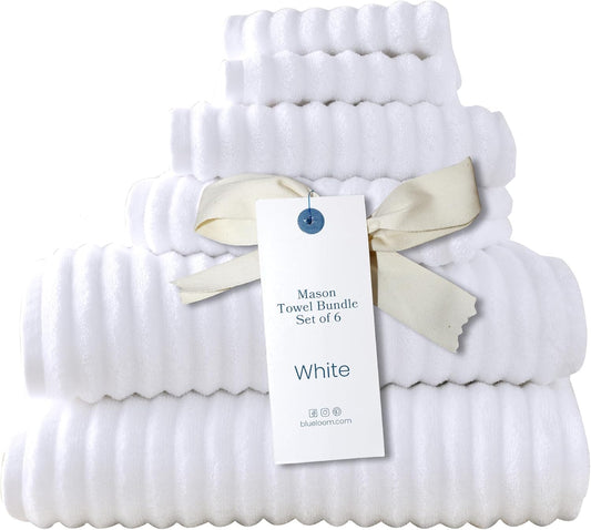Blue Loom Ribbed Bath Towels Set, 100% Cotton 600GSM, Soft Absorbent Durable 2 Bath Towels, 2 Hand Towels, 2 Wash Cloths for Bathroom - Mason (58" x 30" inch Towels) (White, 6 Piece)