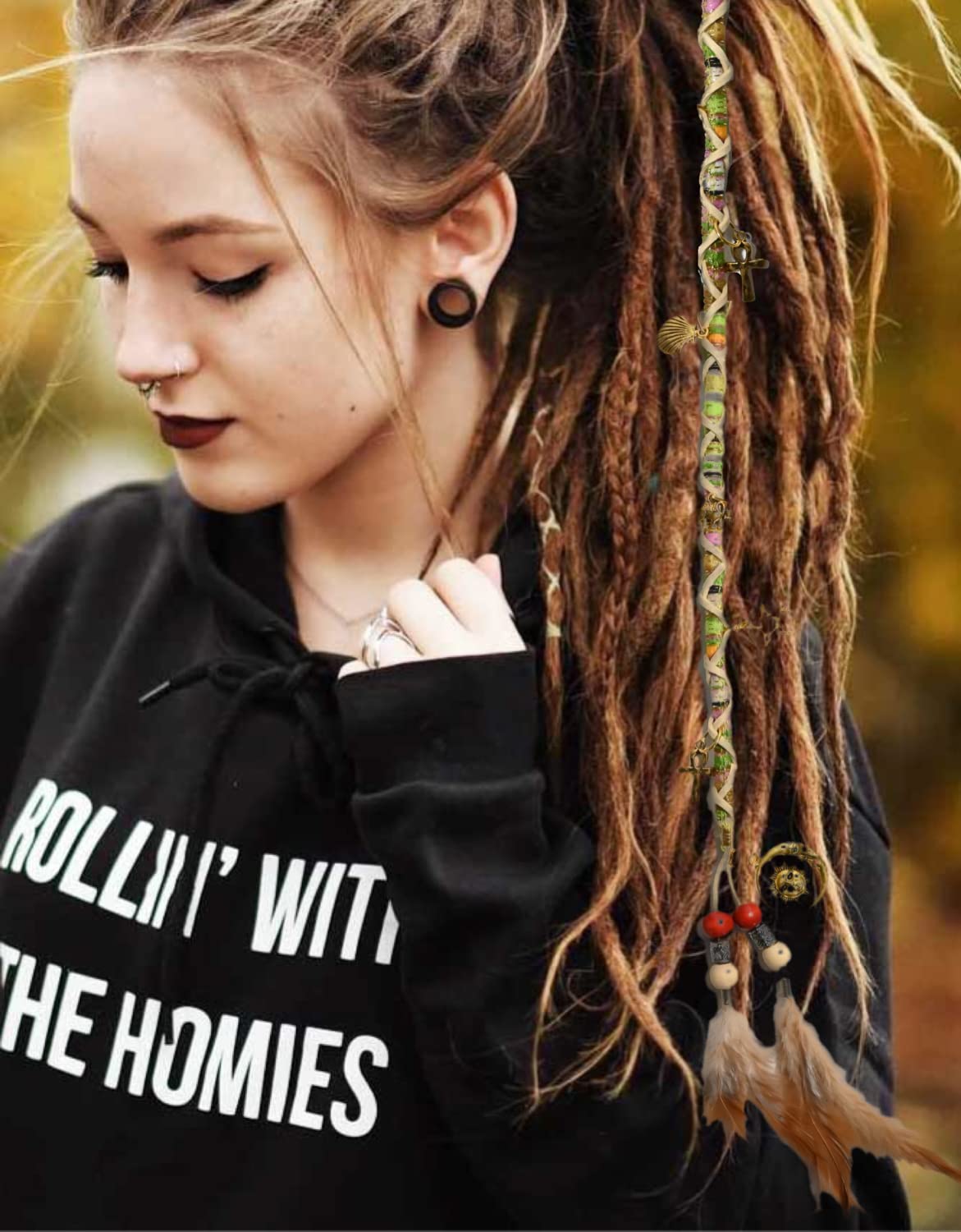 2 PCS Hippie Hair Extension Dreadlocks Hairclip Feather Beads Pendant Dread Wrap Hair Fall Hair Wrap Colorful Accessories for Dreads Braids Curls