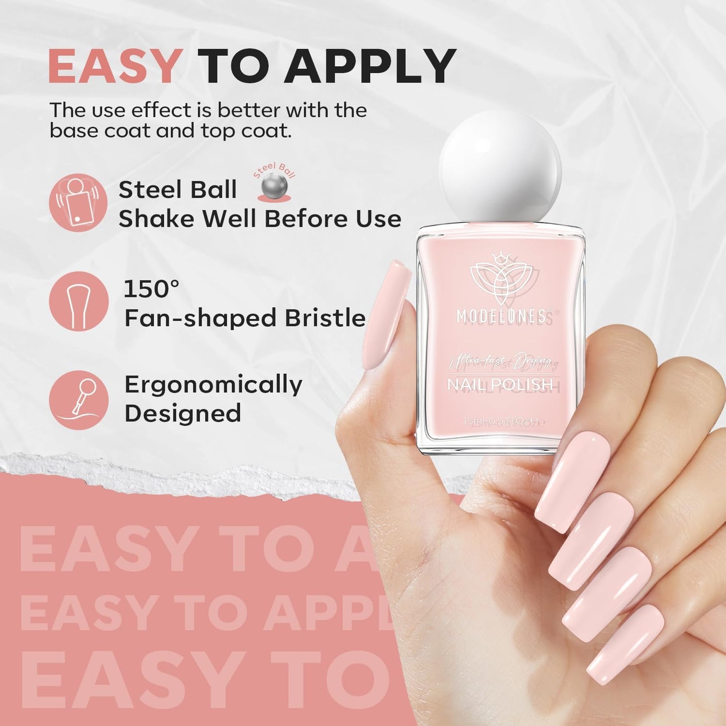 modelones Pastel Pink Nail Polish, Light Pale Pink 15 ml Quick Dry Nail Lacquer Strengthener Long Last Shine Fingernail Toe Nail Art DIY Home Travel Manicure Gift for Women Girls 0.5 Fl Oz