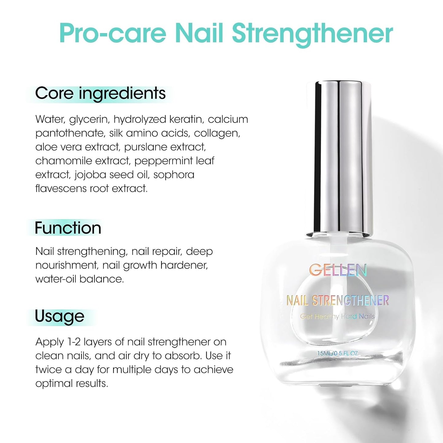 GELLEN Unscent Nail Strengthener, Pro Care 8-In-1 Air Dry Clear Nail Repair Growth Treatment for Weak Nails, Non-Polish, Strengthens & Protects Nails Growth Calcium Keratin Nourish 15ml