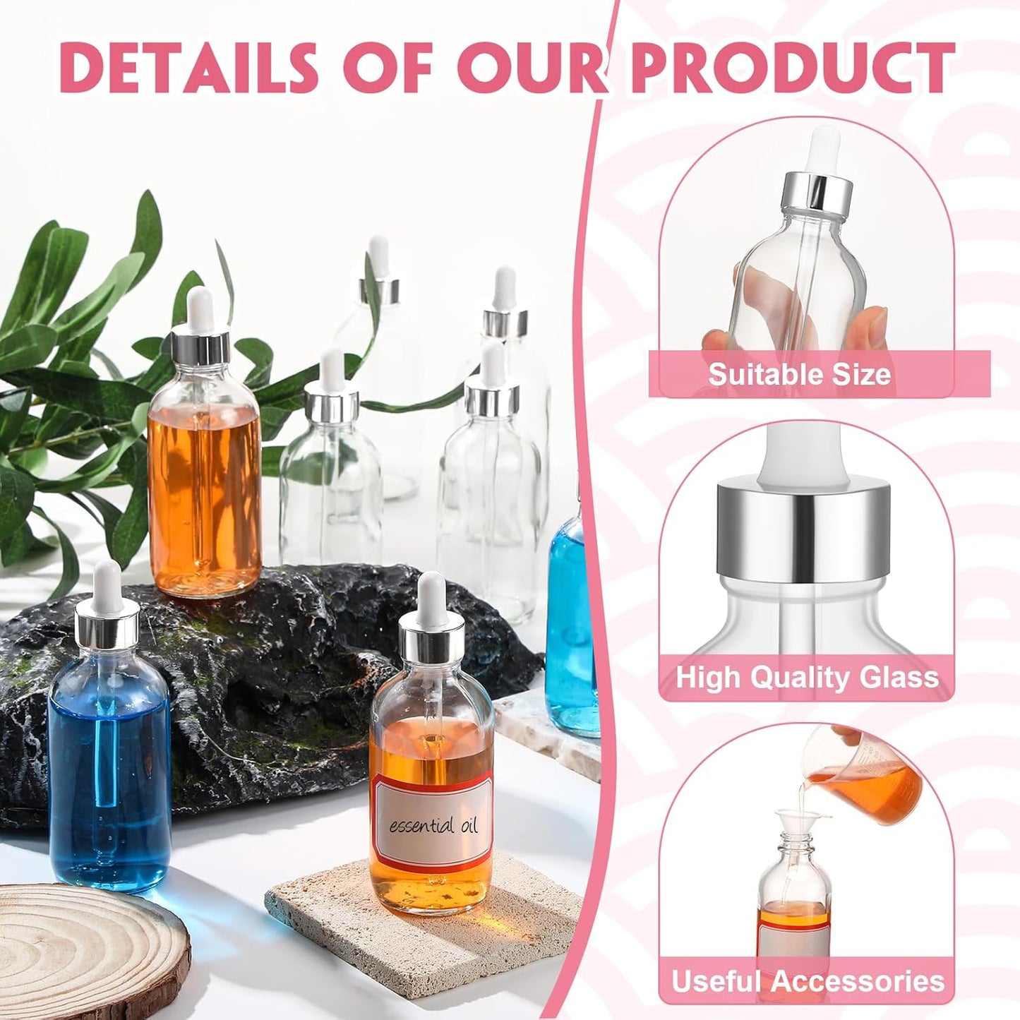 Dandat 50 Pack 4 oz Glass Dropper Bottles Leakproof 120 ml Glass Tincture Bottles with Eye Droppers, 4 Funnels, 54 Labels for Essential Oil Perfumes Hair Oil(Transparent)