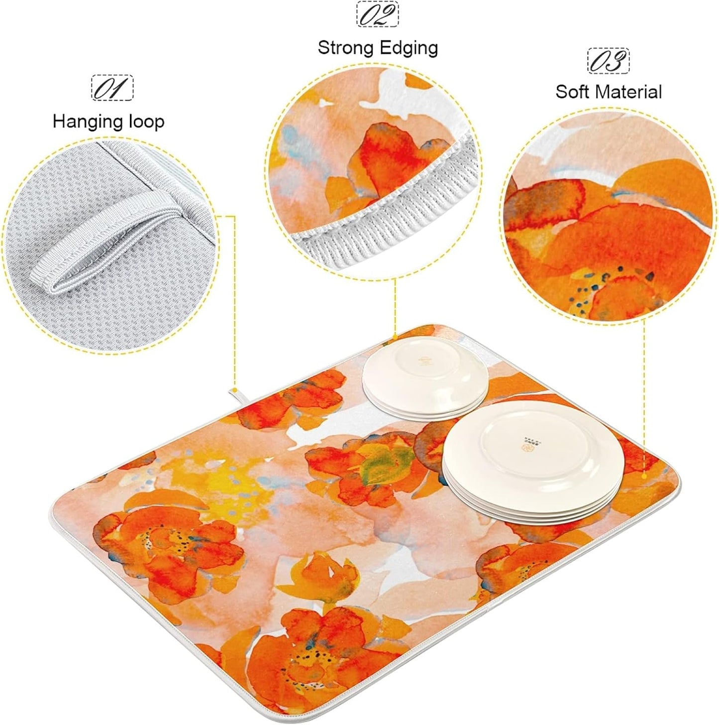 Dish Drying Mat for Kitchen Counter 18 x 16 Inch Corn Poppy Orange Flower Microfiber Dish Mat Drying Pad Absorbent Dishes Pad Dish Drainer Rack Mats