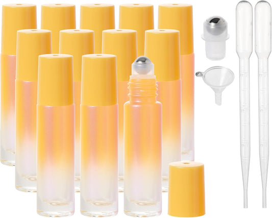 Essential Oil Roller Bottles, 10ml Thick Glass Perfume Roller Bottles with Funnel Opener and Dropper Colored Glass Empty Bottles with Stainless Steel Roller Balls (Orange, 12 Pack)