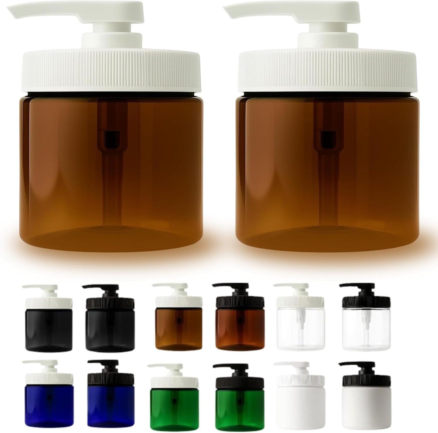 Royal Massage 16oz Refillable Pump Jar with Locking Dip Tube Dispenser – BPA-Free Plastic Container for Massage Oils, Lotions, Creams – Ribbed Lid Wide-Mouth Jar – Durable & Reusable (2, Amber/White)