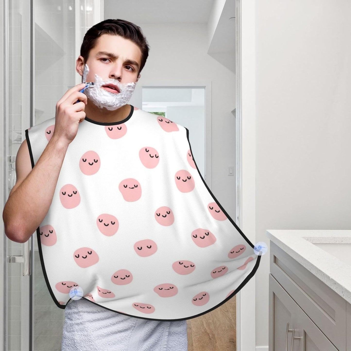Non-Stick Beard Shaving Bib, Hair Catcher Apron with Suction Cups, Waterproof Grooming Tool for Men Husband, Cute Pink Strawberry Cow Print Shave Bib